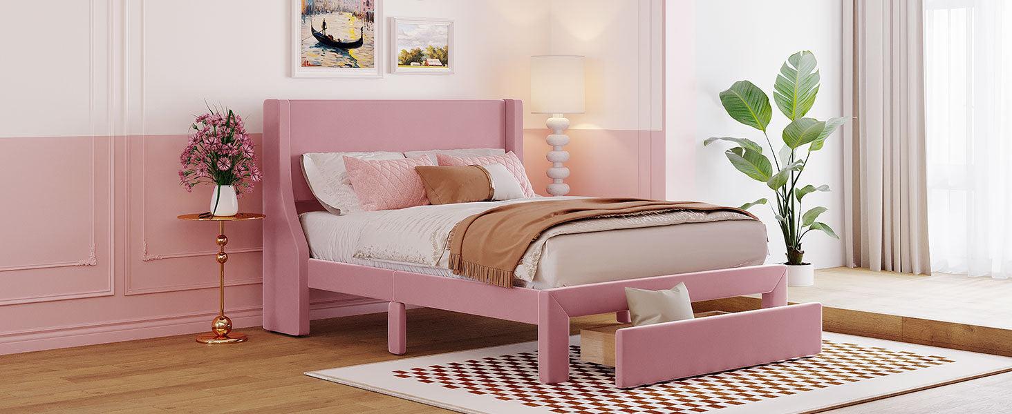 Full SizeStorage Bed Velvet Upholstered Platform Bed with a Big Drawer - Pink