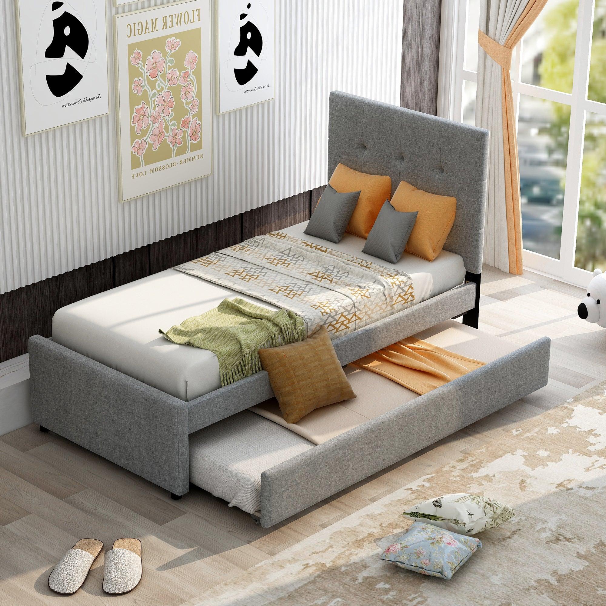 Linen Upholstered Platform Bed With Headboard and Trundle, Twin