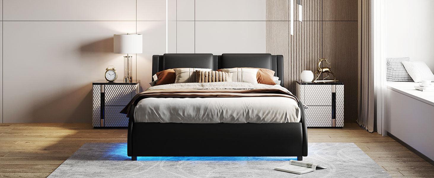 Queen Size Upholstered Faux Leather Platform Bed with LED Light Bed Frame with Slatted - Black