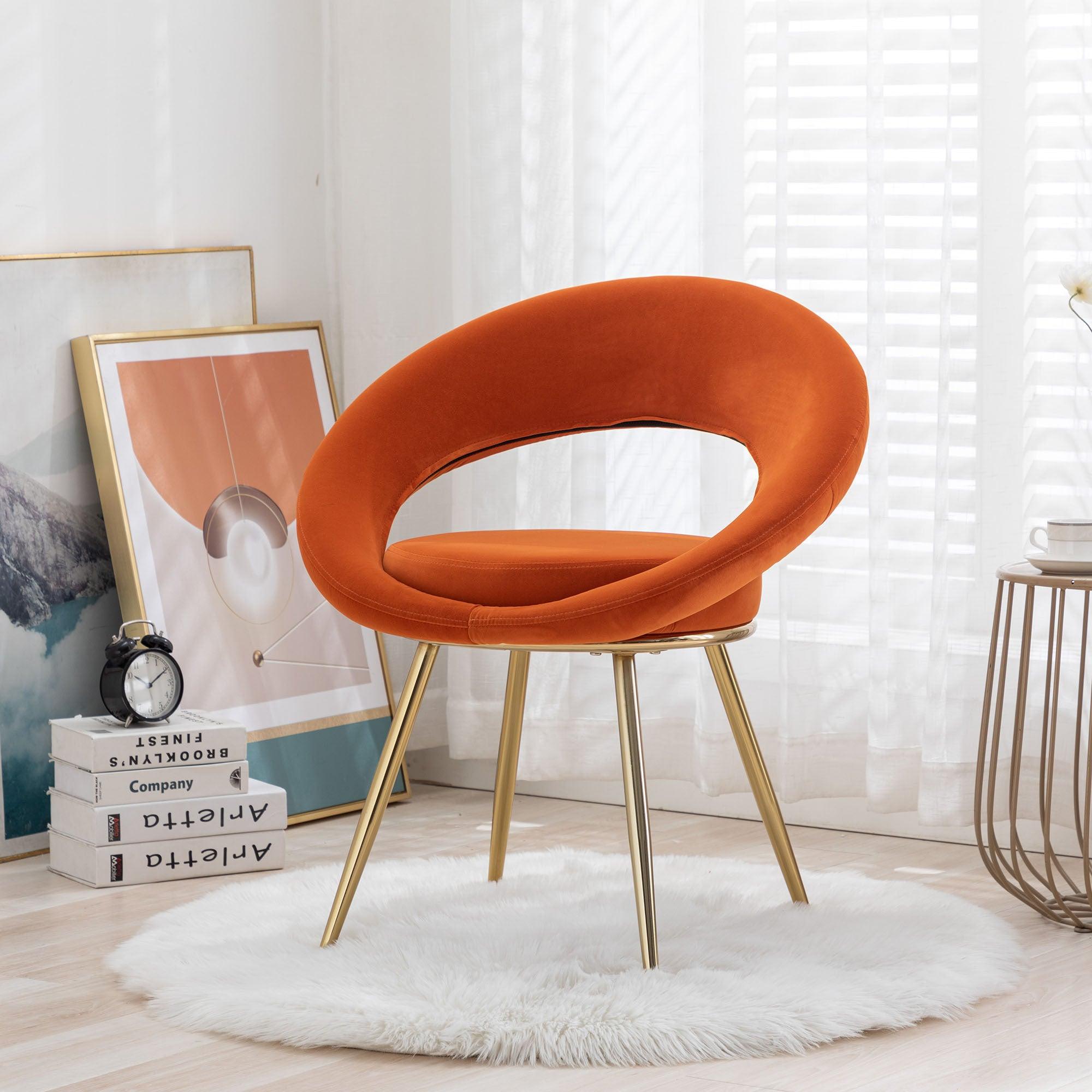 Orange VelvetModern accent/Conversation Lounge Chair With  Gold Plated Legs, unique appearance，Suitable For Office, Lounge, Living Room