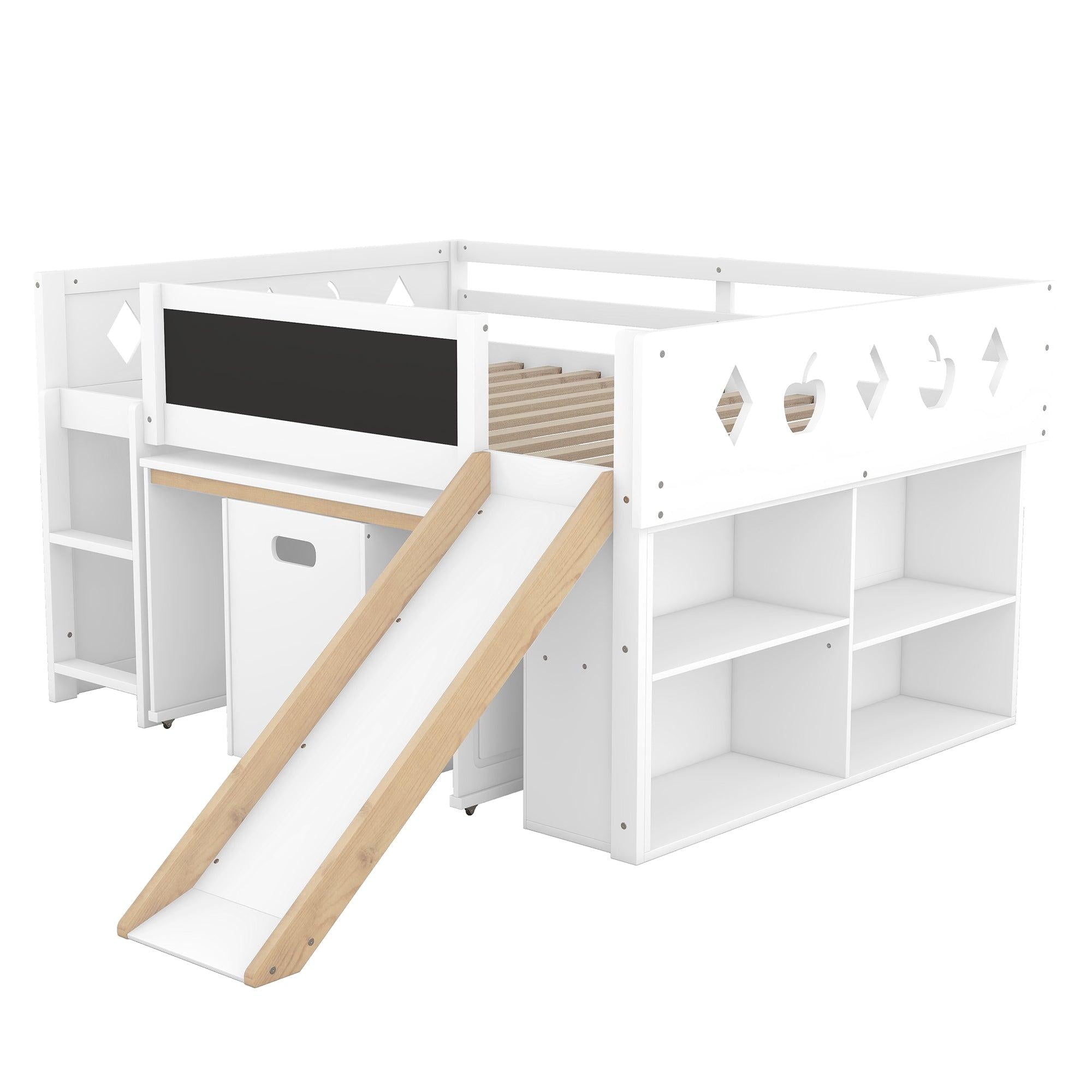 Wood Full Size Loft Bed with Slide, 4 Cabinets, Blackboard, Desk and Chair, White