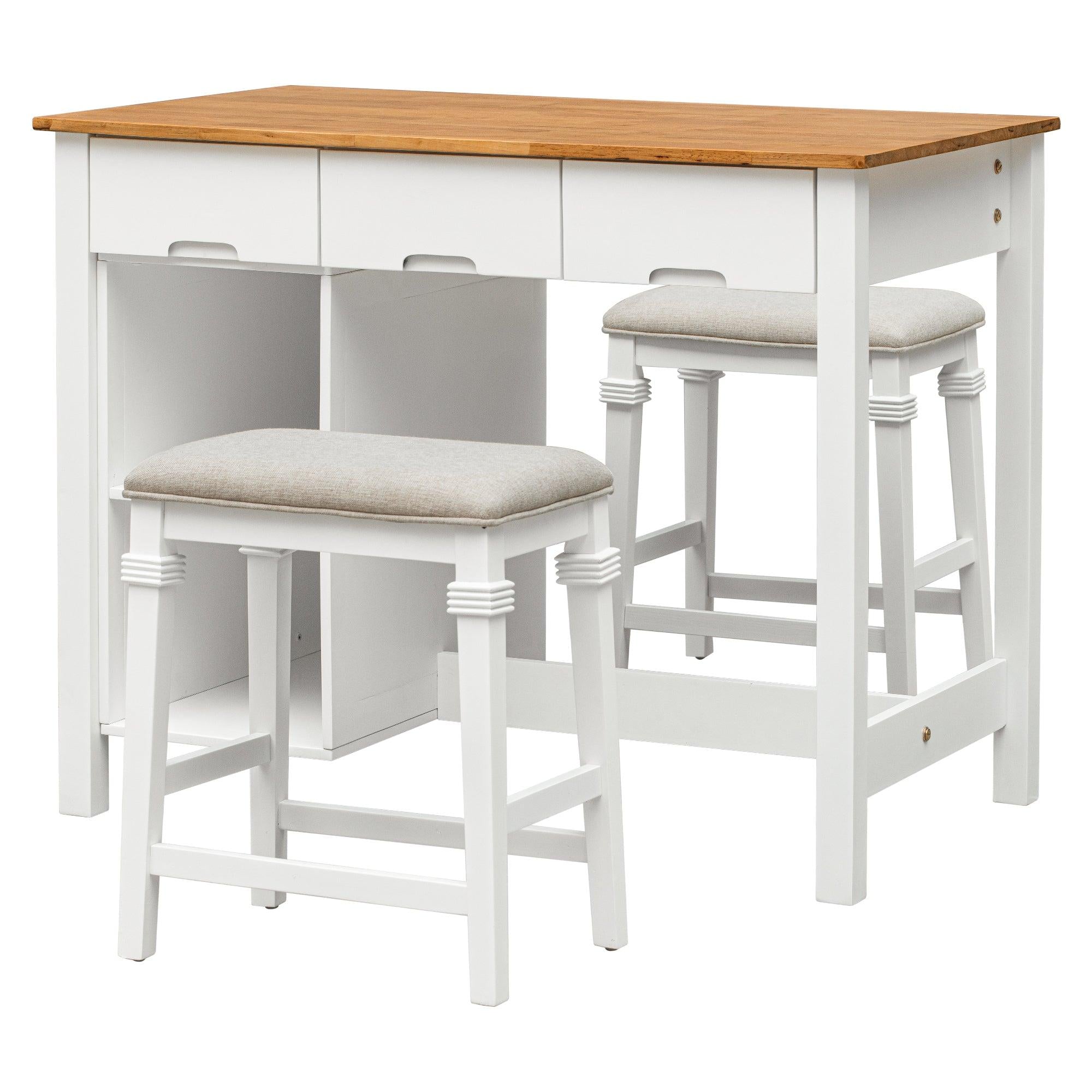 Farmhouse 3-piece 45" Stationary Rubber Wood Kitchen Island Set with 2 Seatings, Butcher Block Dining Table Set Prep Table Set with 2 Shelves and 3 Drawers for Small Places,White