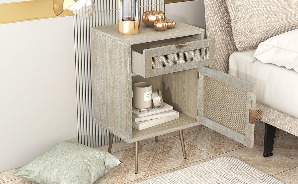 Wooden Nightstand with Rattan Panel,One Drawer ,One Cabinet and Metal Feet  Bedside Table (Natural)