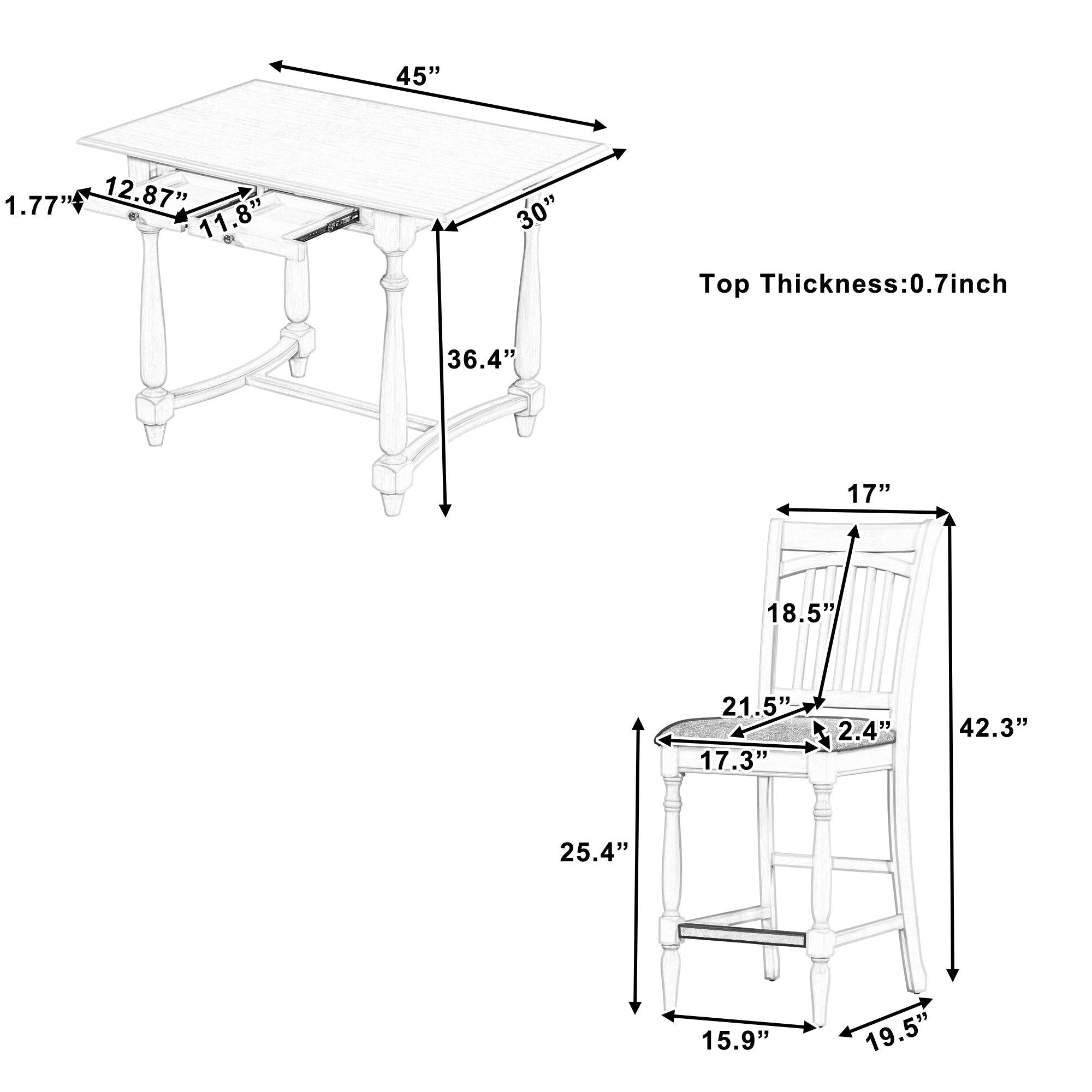 Mid-Century Farmhouse 5-Piece Wood Dining Table Set Counter Height Kitchen Furniture Set withStorage Drawers and 4 Upholstered Chairs, White