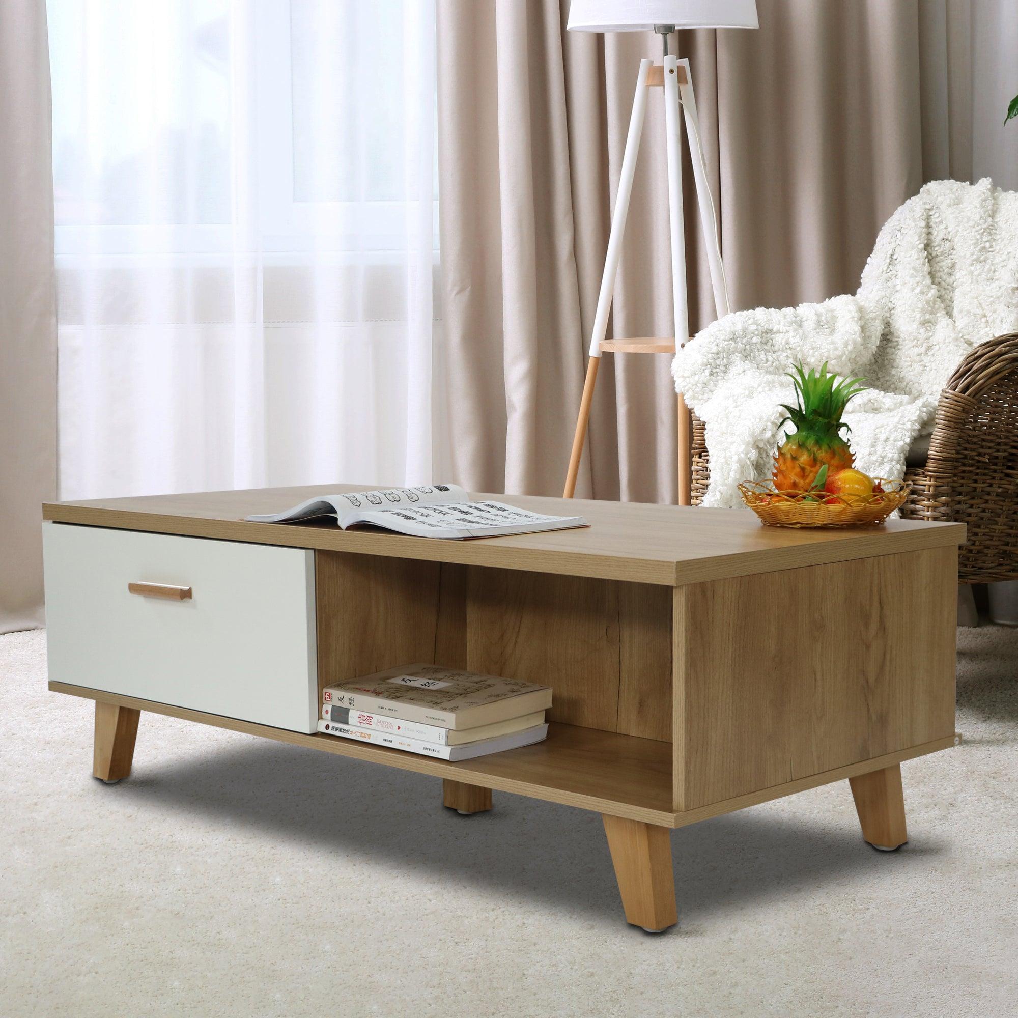 COFFEE TABLE，computer table, wood+white color, solid wood handles and legs, two drawers