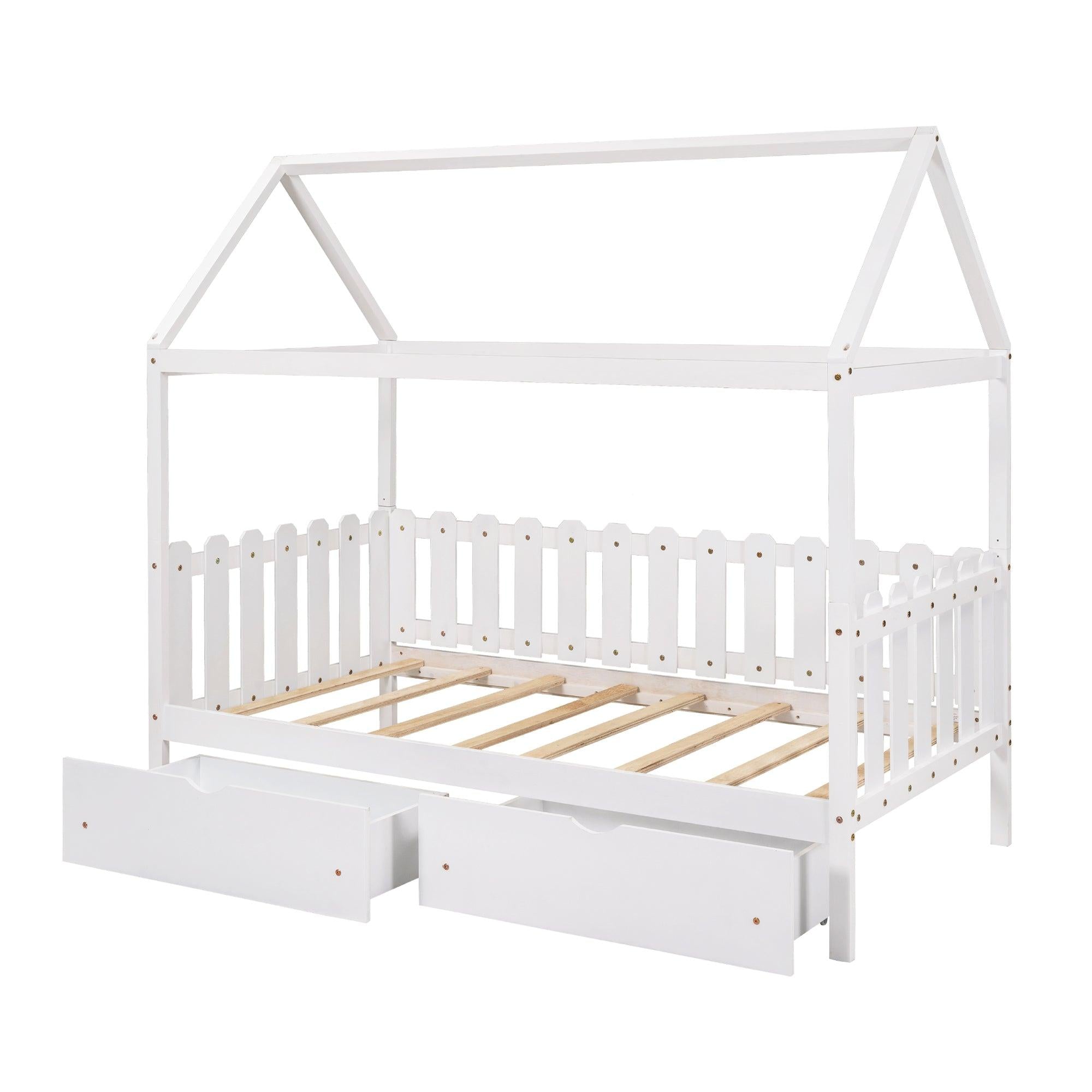 Twin Size House Bed with drawers, Fence-shaped Guardrail, White