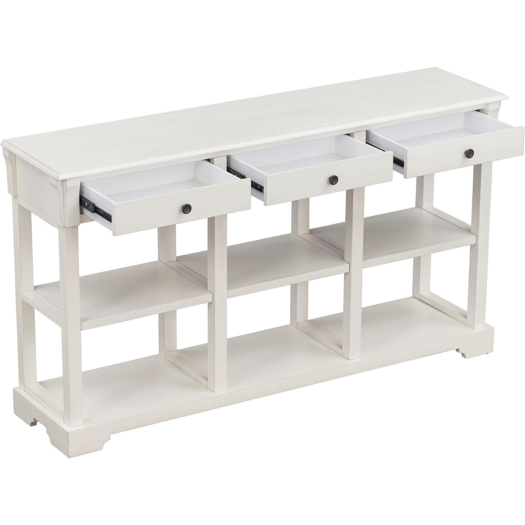 Retro Console Table/Sideboard with AmpleStorage, Open Shelves and Drawers for Living Room (Antique White)