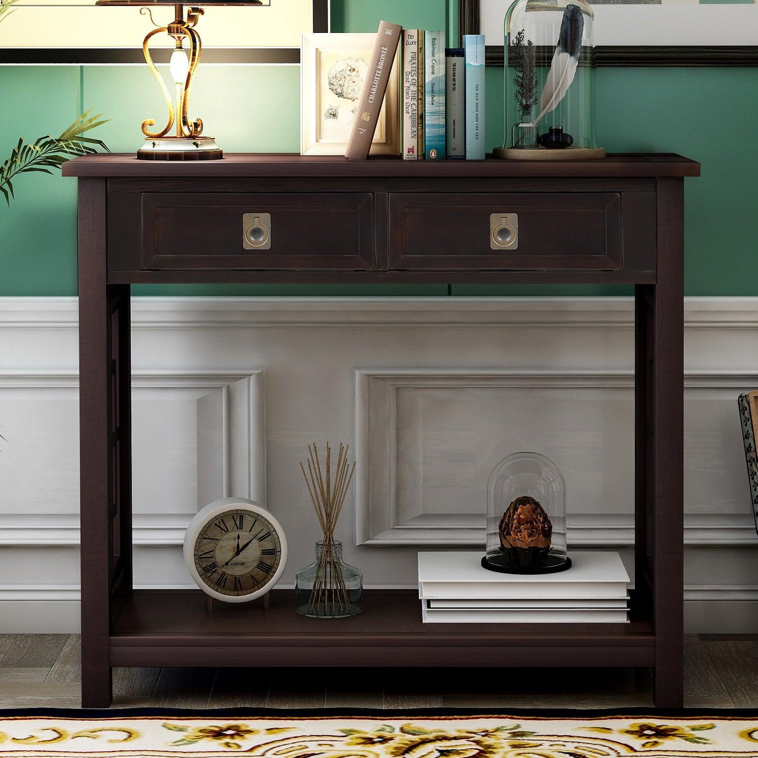 Console Table with 2 Drawers and Bottom Shelf, Entryway Accent Sofa Table (Espresso)