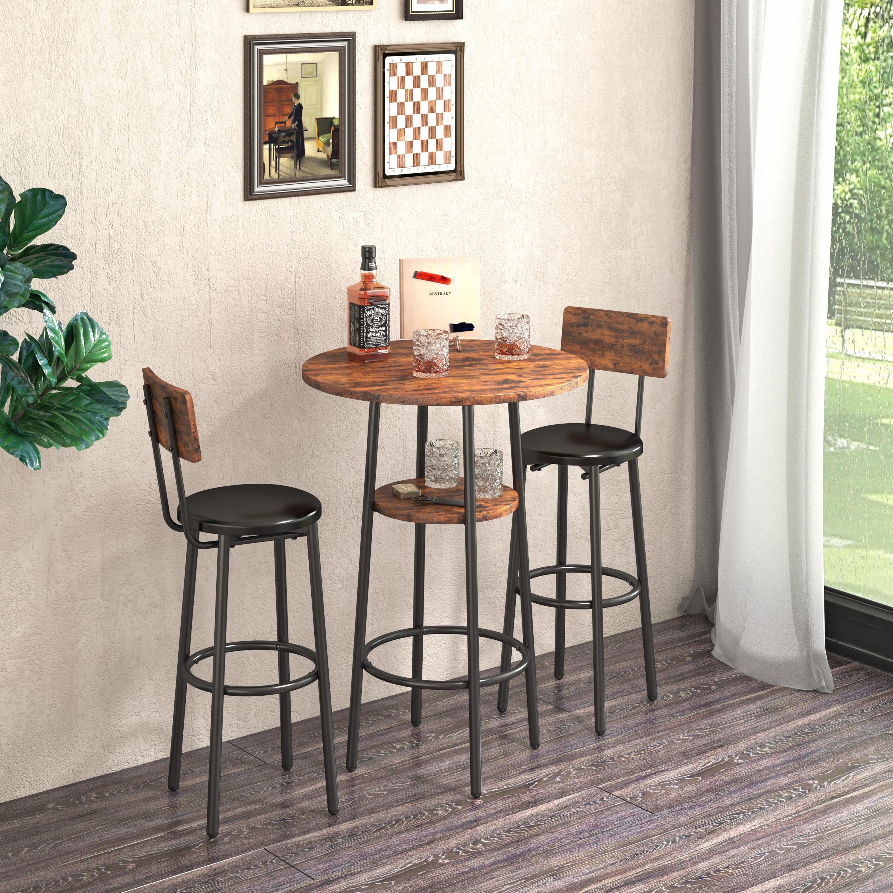 Double Layer Round Bar Table with 2 Bar Stools PU Soft Seat Back Breakfast table.(Rustic Brown,23.62’’w x 23.62’’d x 35.43’’h) image