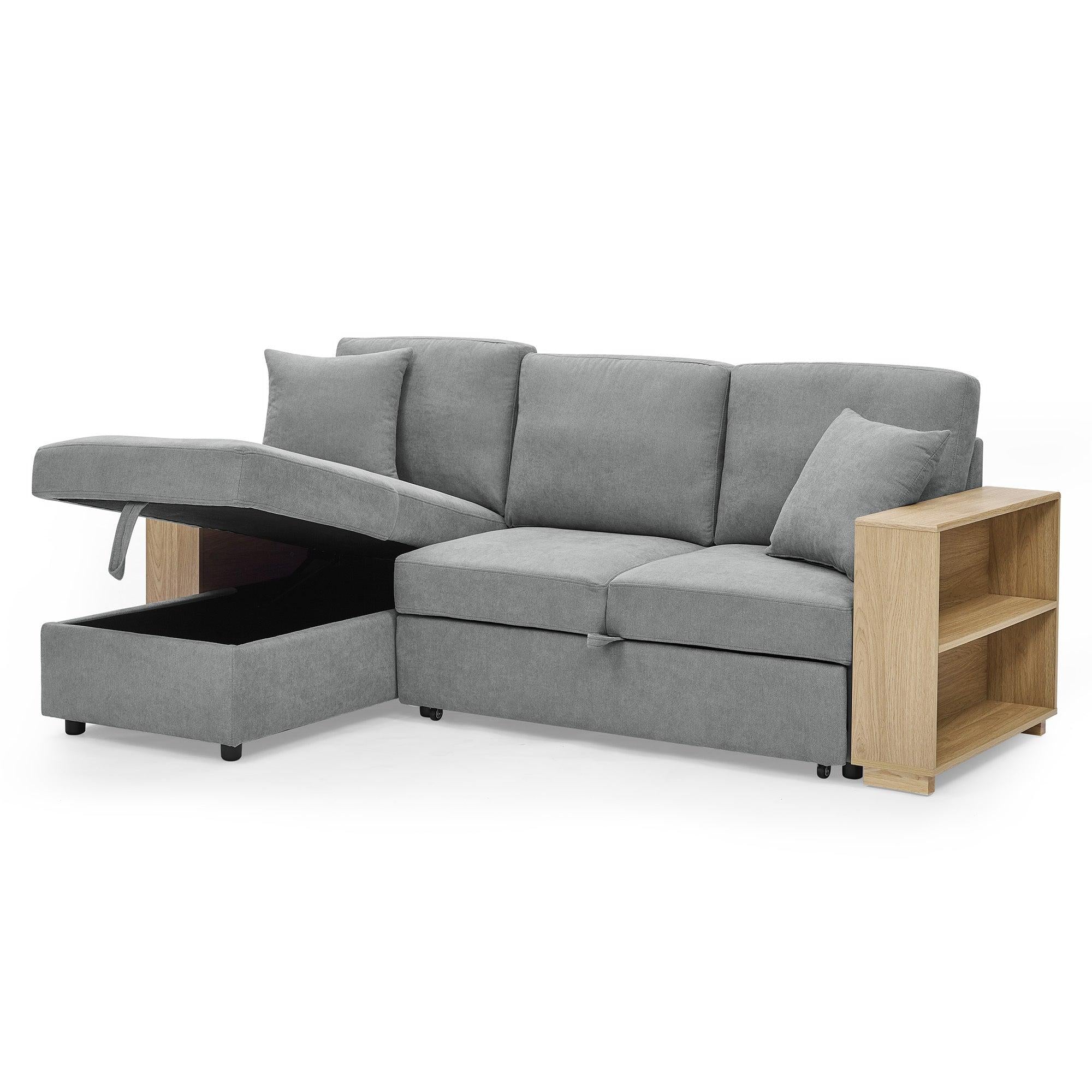 Sectional Sofa with Pulled Out Bed, 2 Seats Sofa and Reversible Chaise withStorage, MDF Shelf Armrest, Two Pillows, Grey, (88" x52" x 34")