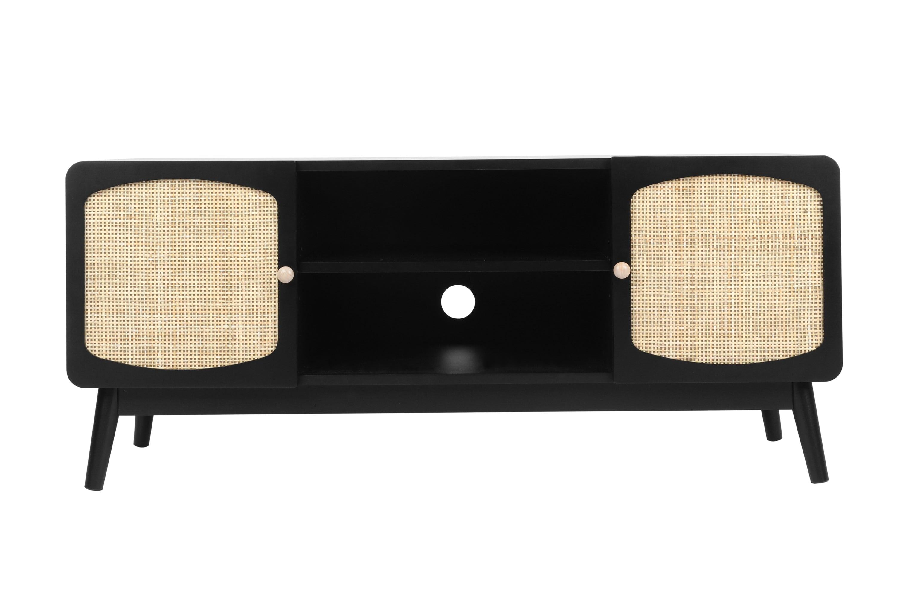 Black TV Console with Rattan Door, Boho TV Stand for Bedroom, Living Room