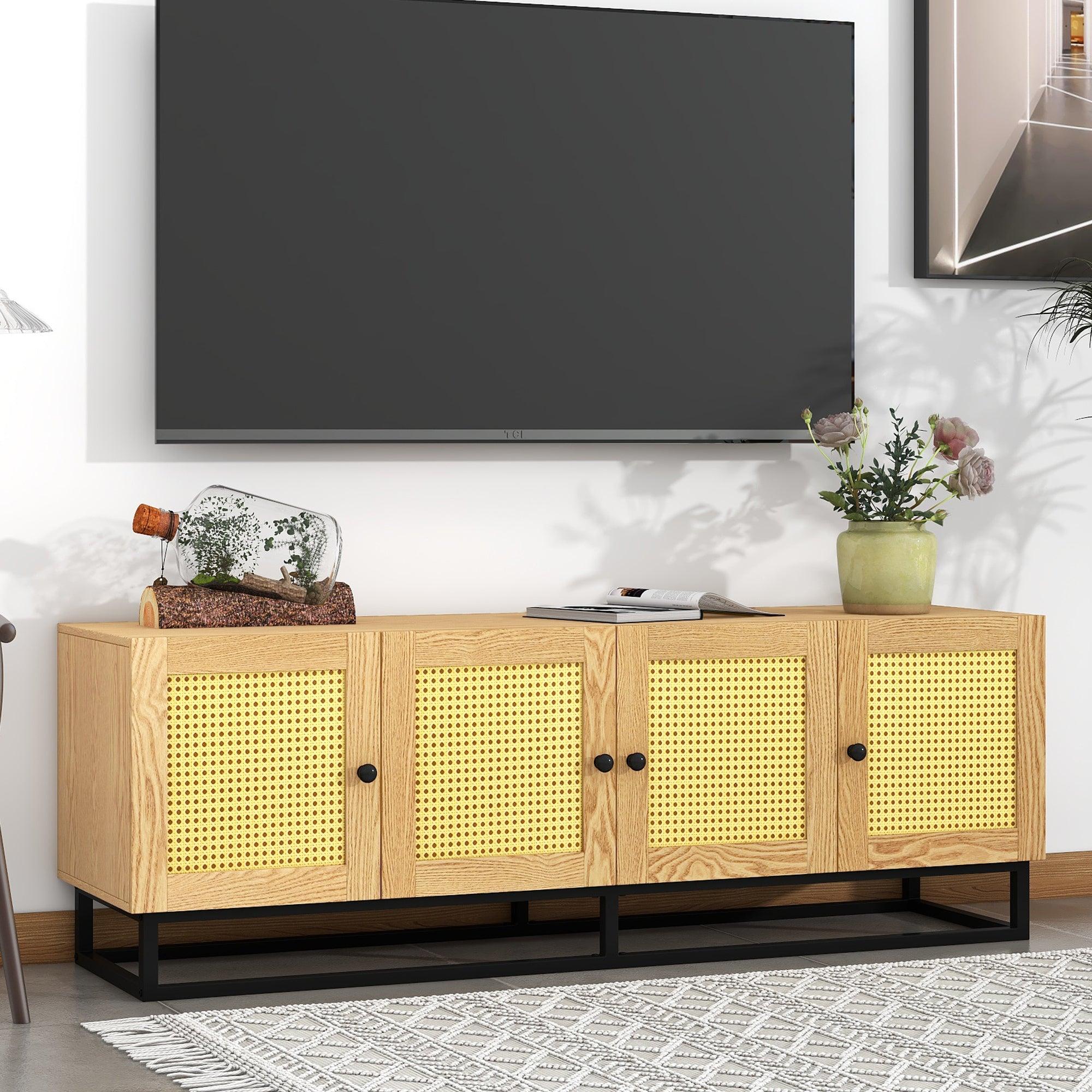 TV Stand Entertainment Cabinet with 4 Textured Rattan Doors and 2 Adjustable Panels, Wooden Farmhouse TV Console Table for TVs up to 65inches , Light Brown image