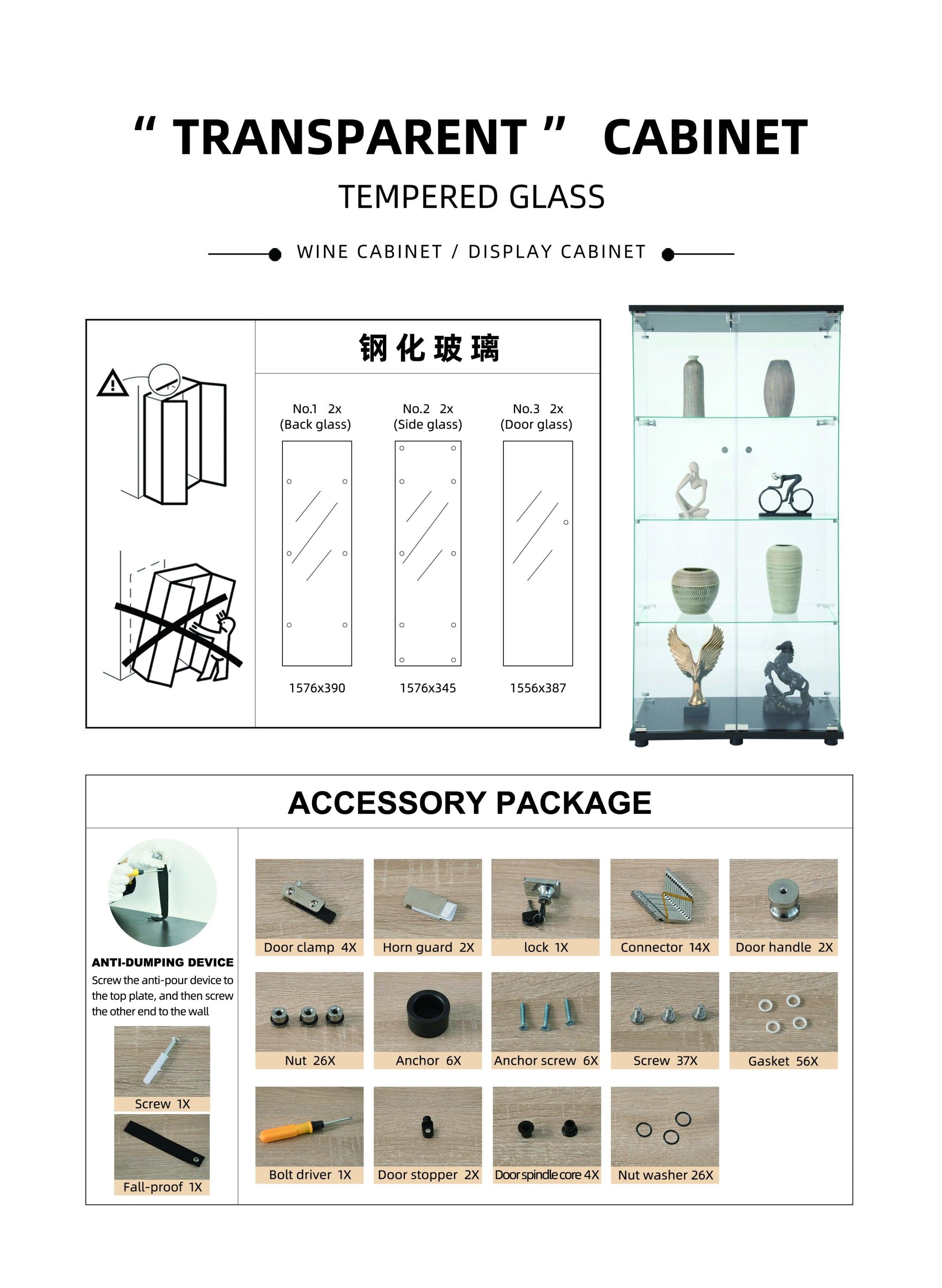 Glass Display Cabinet 4 Shelves with Door, Floor Standing Curio Bookshelf for Living Room Bedroom Office, 64.56” x 16.73”x 14.37”, White