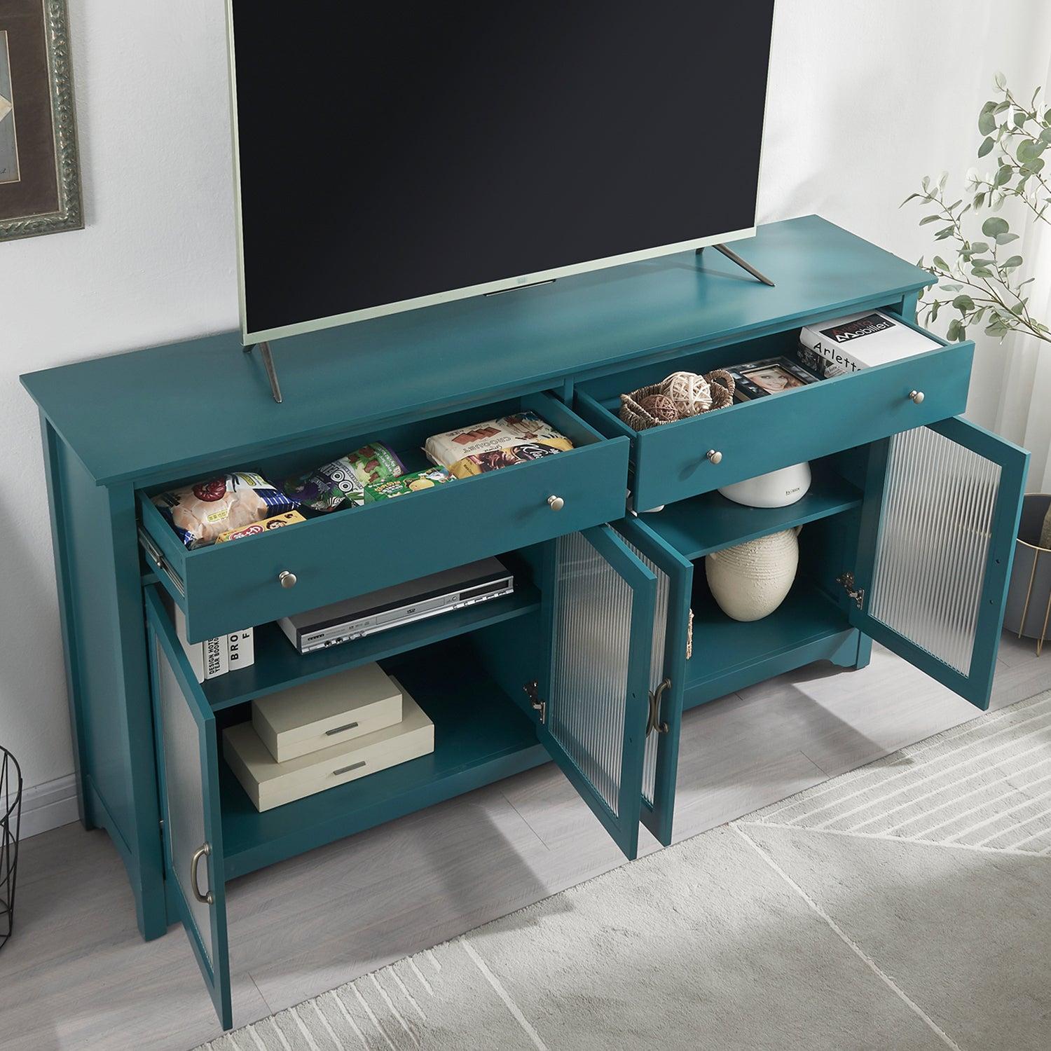 68” TV Console,Storage Buffet Cabinet, Sideboard with Glass Door and Adjustable Shelves, Console Table for Dining Living Room Cupboard, Teal Blue