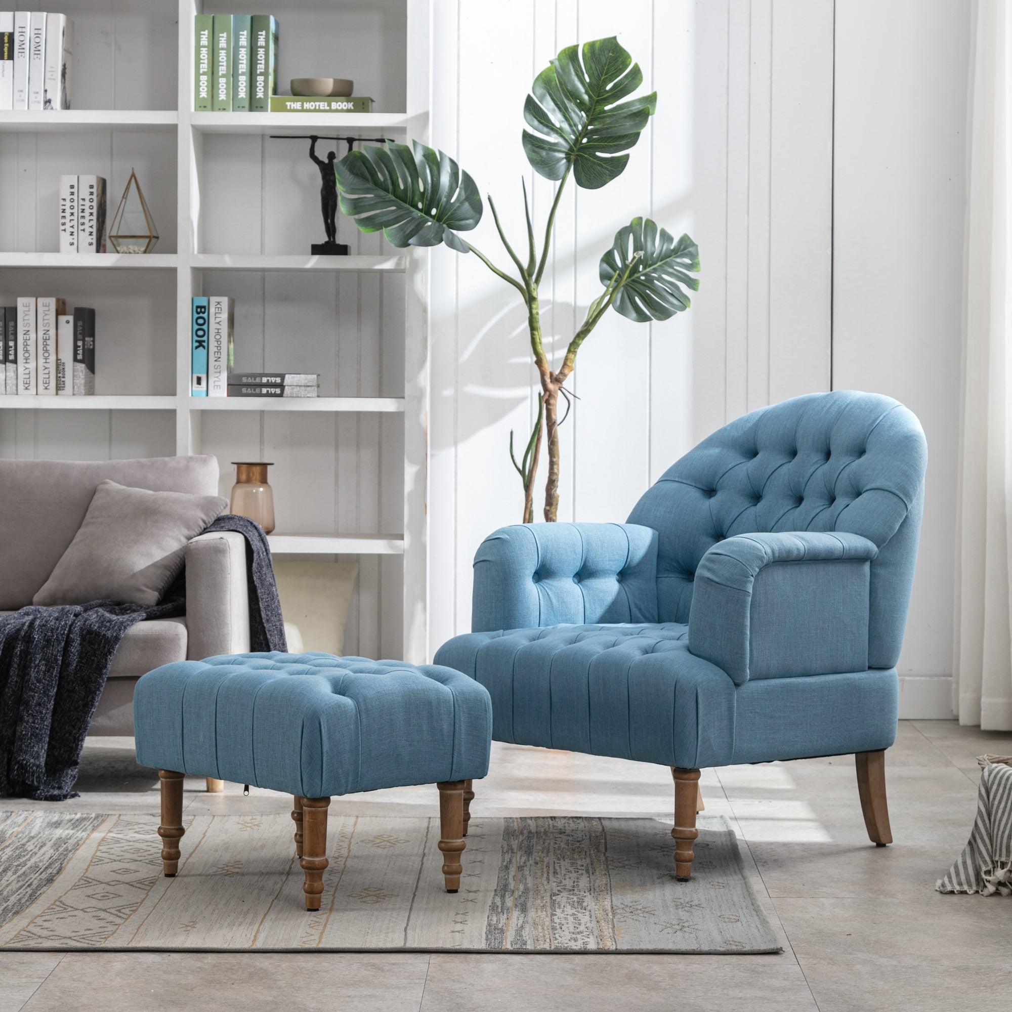 Accent Chair,Button-Tufted Upholstered Chair Set ,Mid CenturyModern Chair with Linen Fabric and Ottoman for Living Room Bedroom Office Lounge,Blue