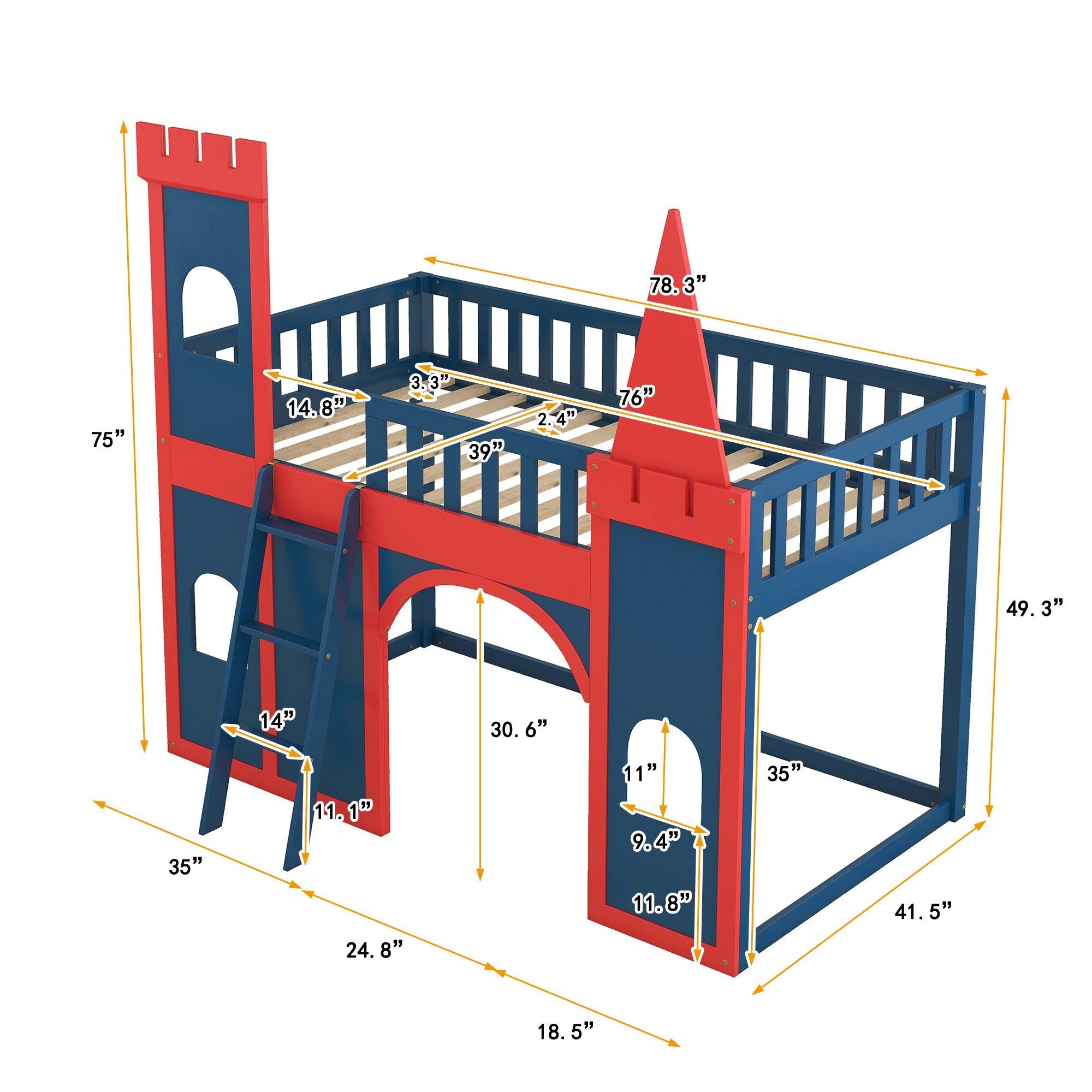 Twin Size Castle Shaped Loft Bed with UnderbedStorage Space,Red