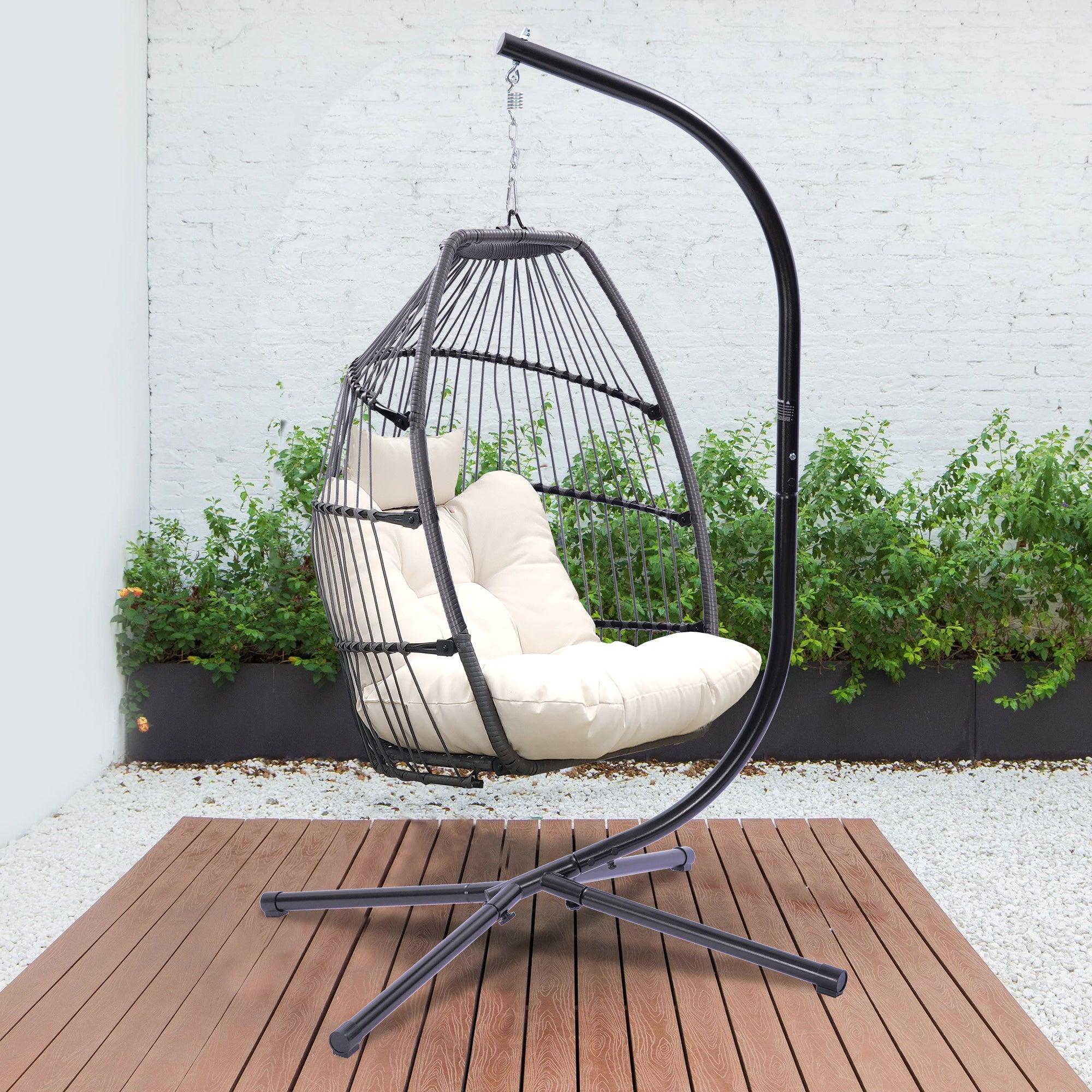 Outdoor Patio Wicker Folding Hanging Chair,Rattan Swing Hammock Egg Chair With Cushion And Pillow