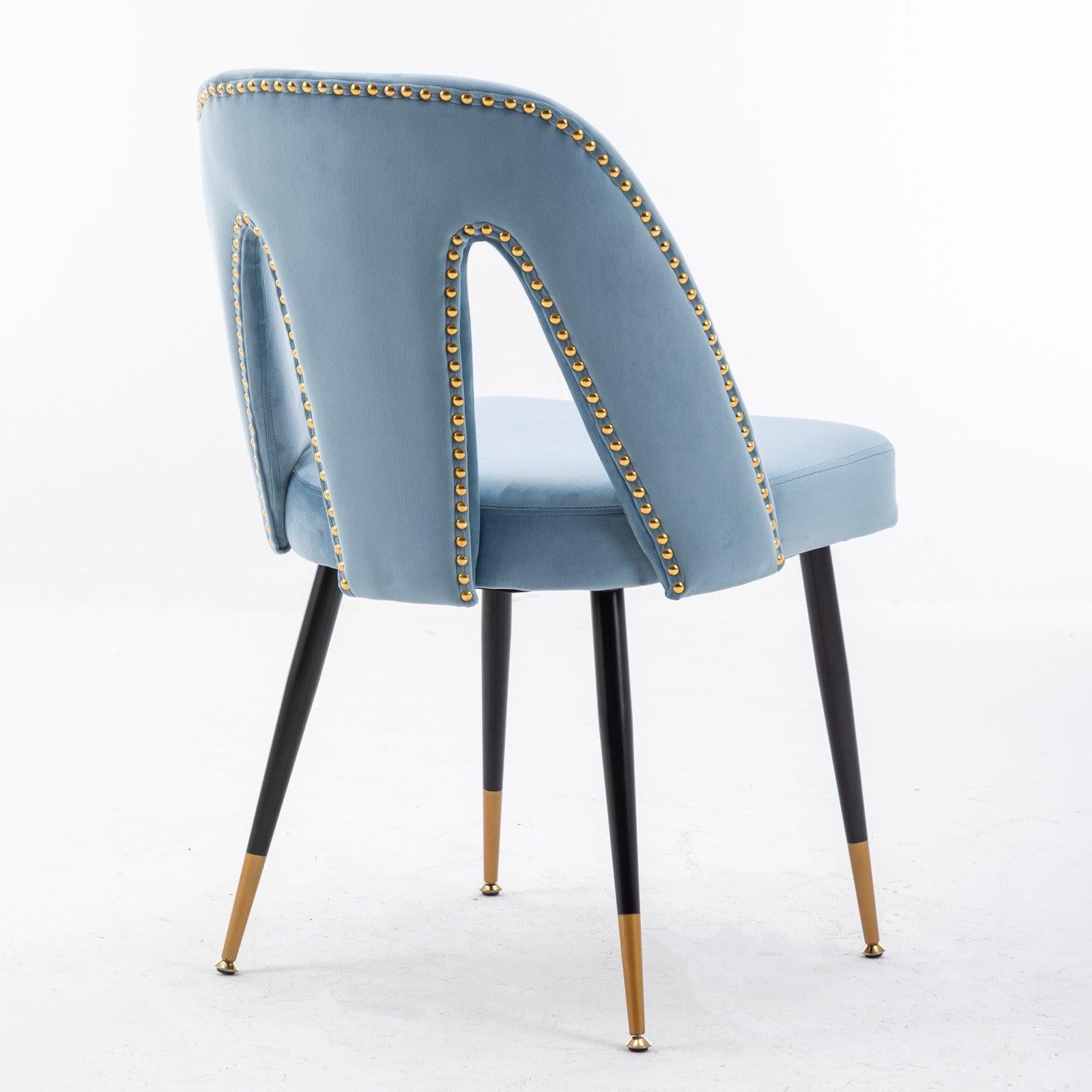 Akoya CollectionModern | Contemporary Velvet Upholstered Dining Chair with Nailheads and Gold Tipped Black Metal Legs, Light Blue，Set of 2