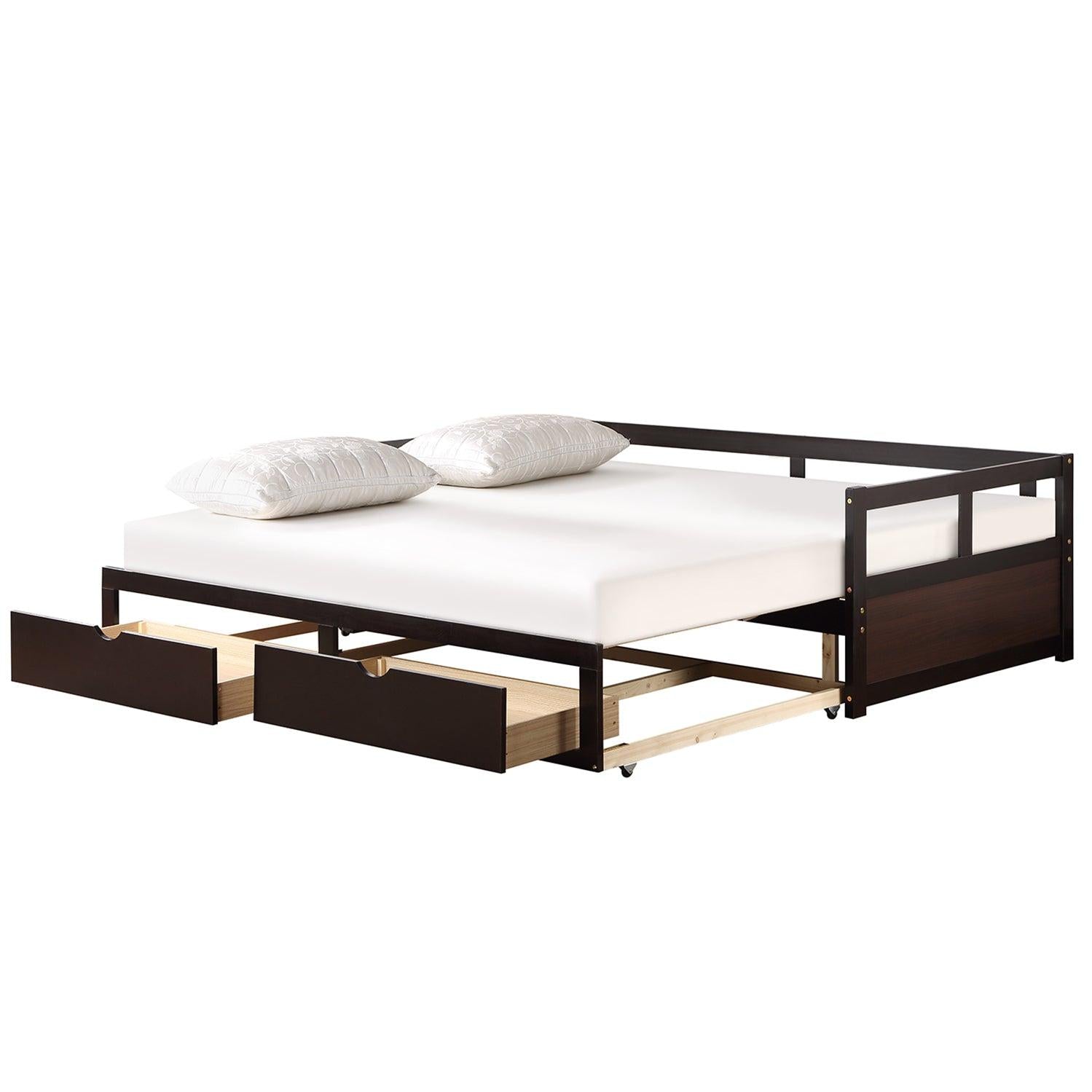 Wooden Daybed with Trundle Bed and TwoStorage Drawers , Extendable Bed Daybed,Sofa Bed for Bedroom Living Room,Espresso