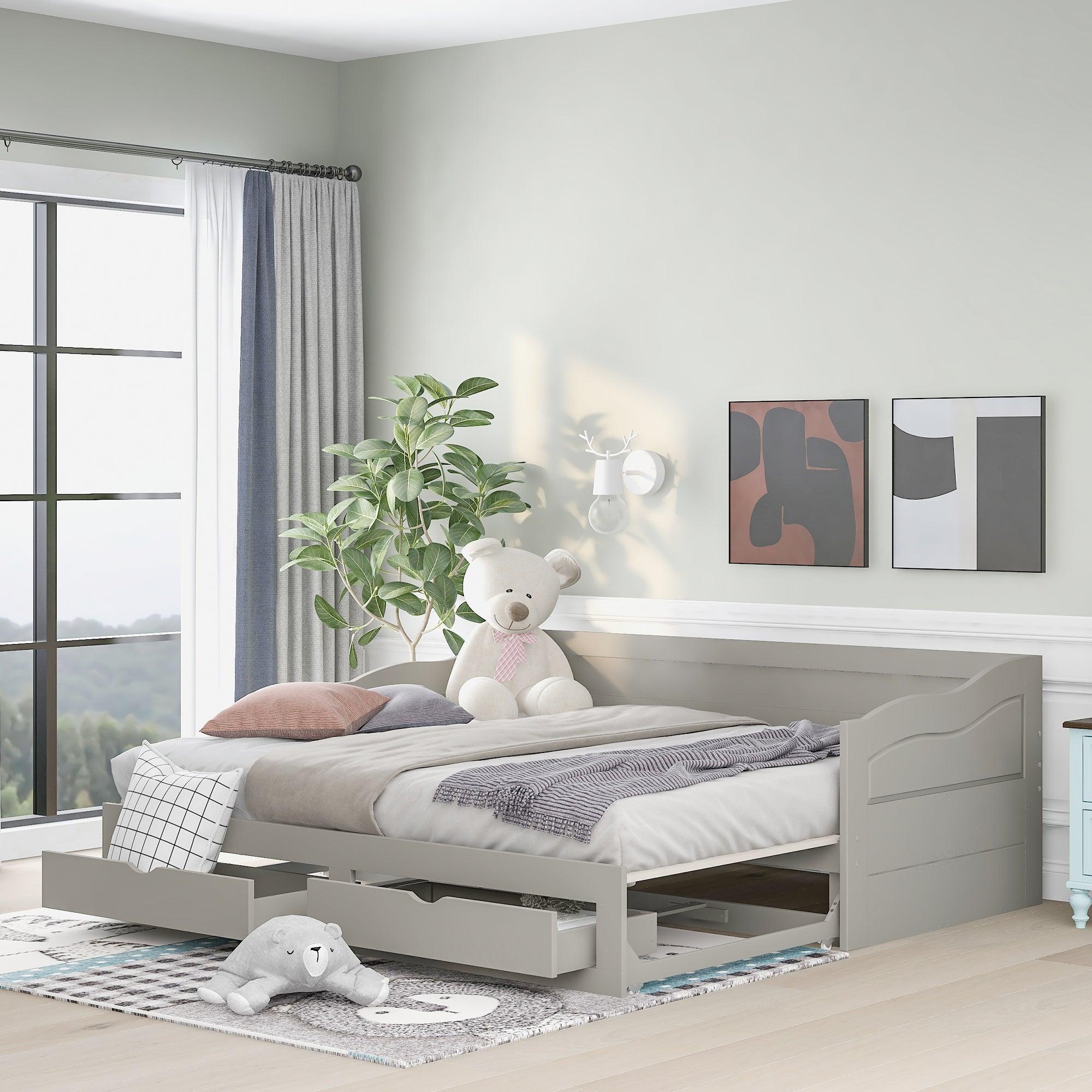 Wooden Daybed with Trundle Bed and TwoStorage Drawers , Extendable Bed Daybed,Sofa Bed with Two Drawers, Gray