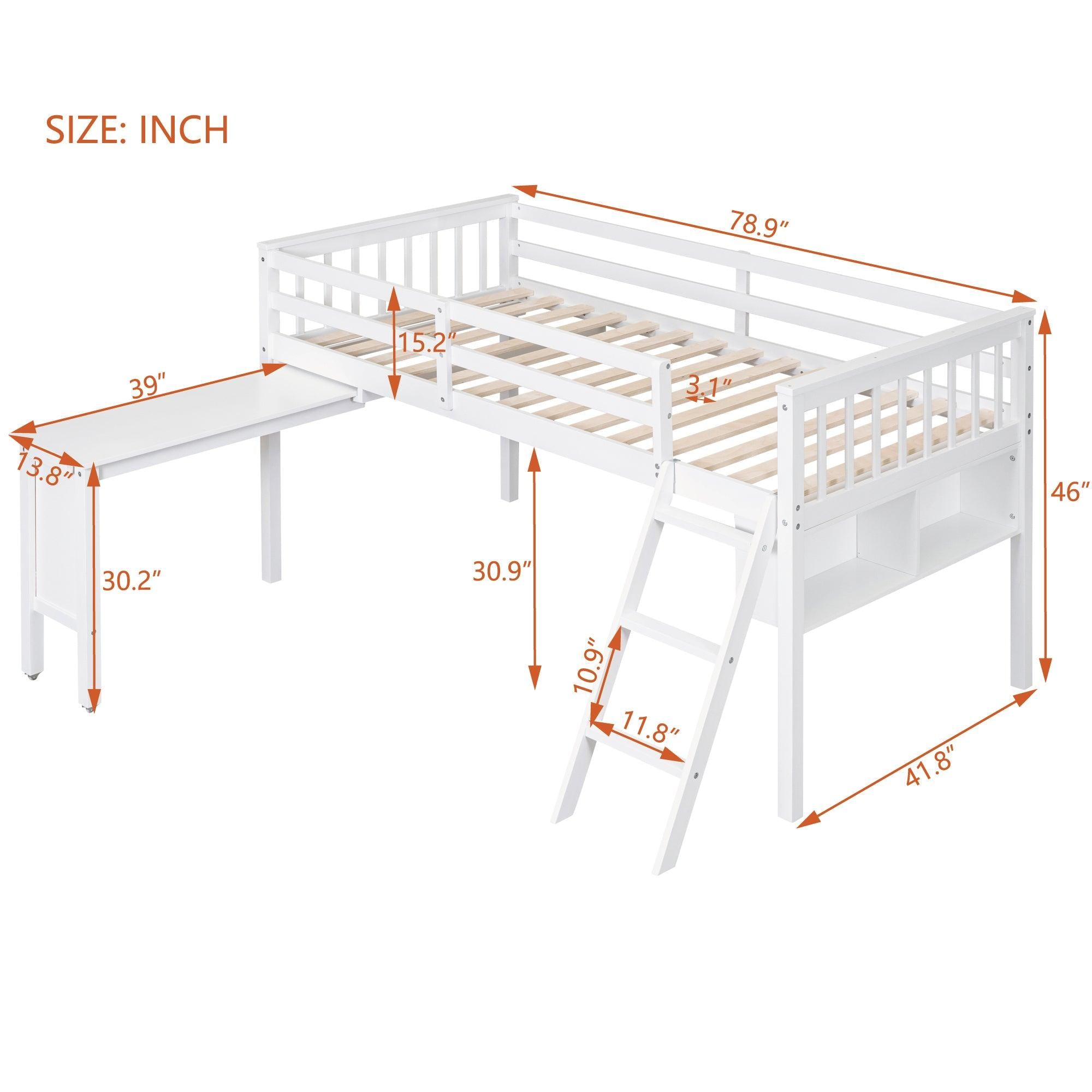 Twin Size Loft Bed With Removable Desk and Cabinet, White