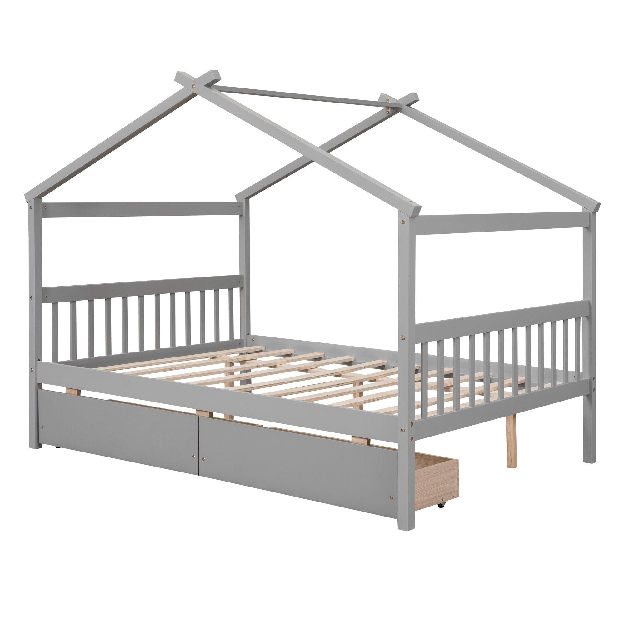 Full Size Wooden House Bed with Drawers, Gray