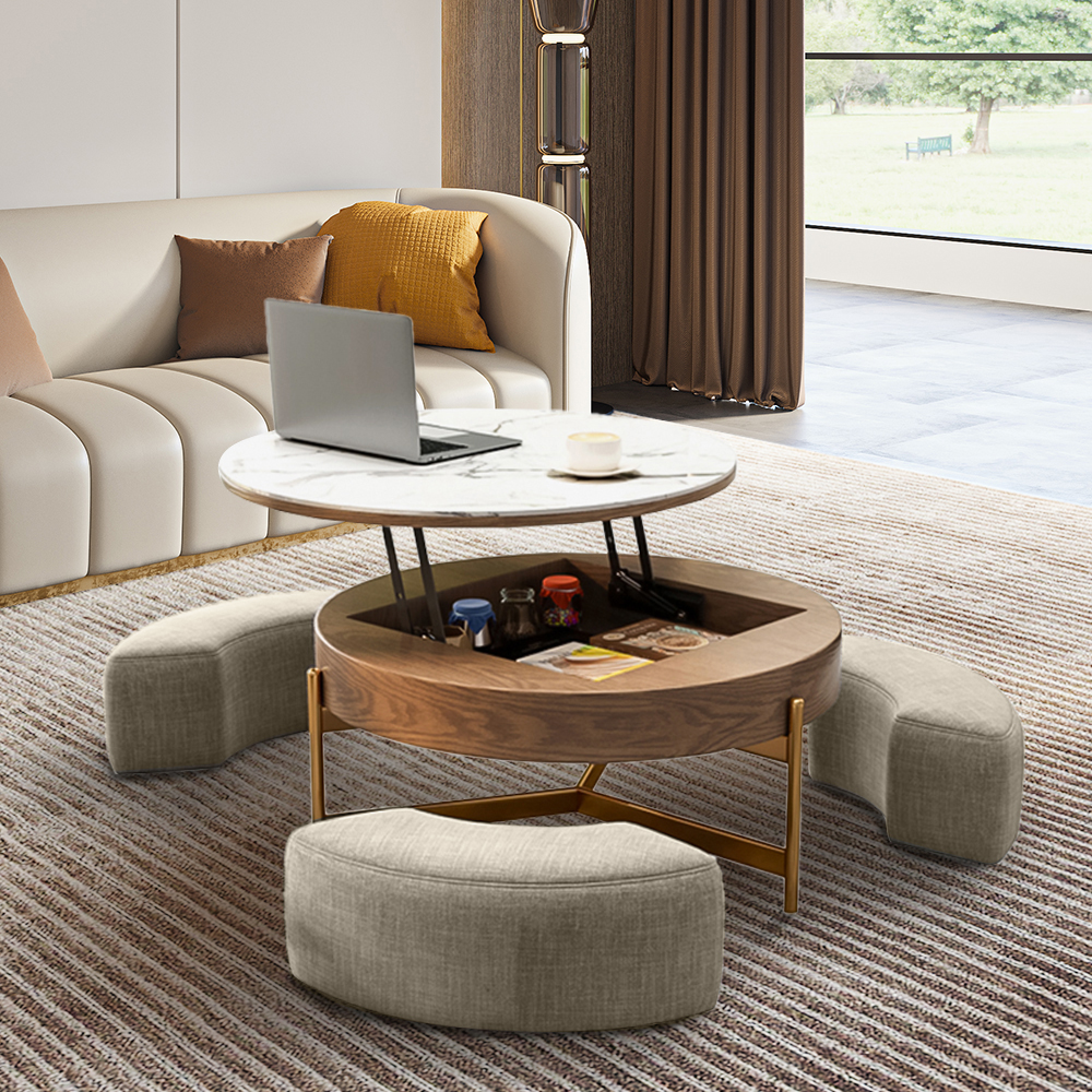 31" Aiona Lifting-top RoundModern Coffee Table withStorage, 3 Ottomans, Sintered Stone Top, Carbon Steel Legs, Brown image