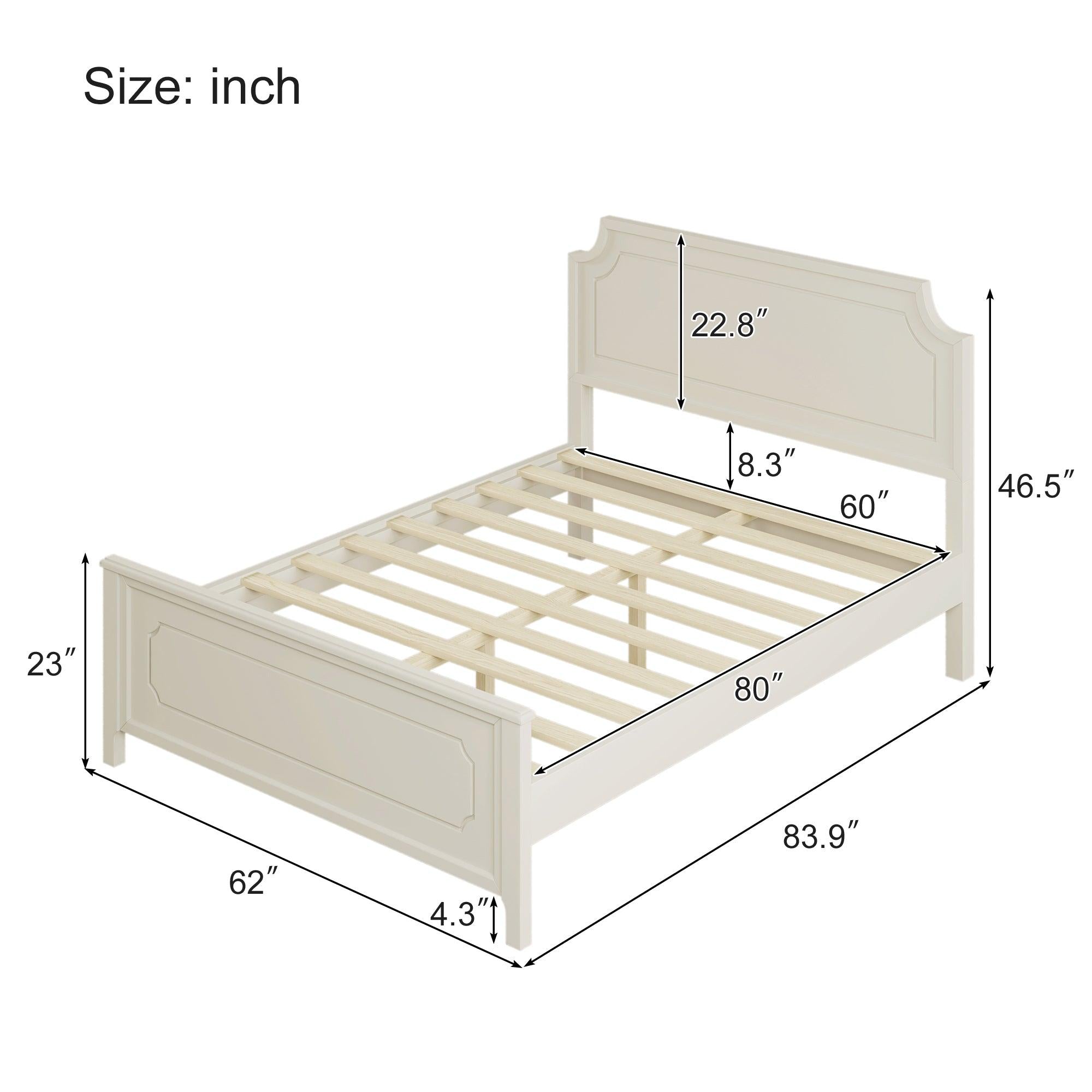 6 Pieces Bedroom Sets Milky White Solid Rubber Wood Queen Size Platform Bed with Nightstand*2, Chest, Mirror and Dresser