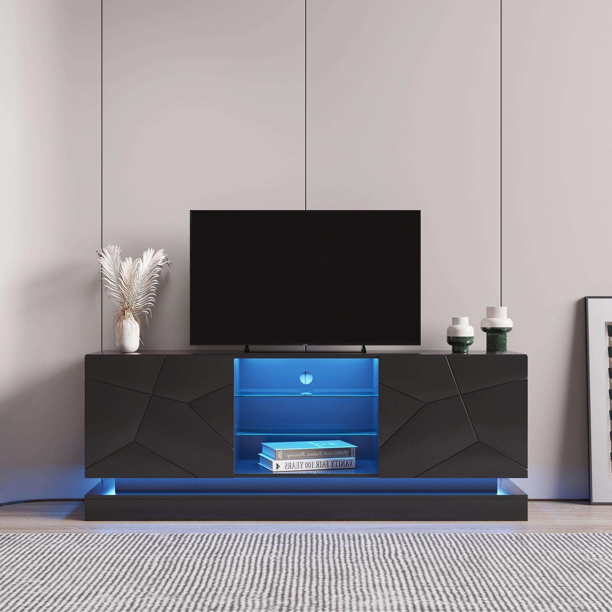 Modern, Stylish Functional TV stand with Color Changing LED Lights, Universal Entertainment Center, Black image