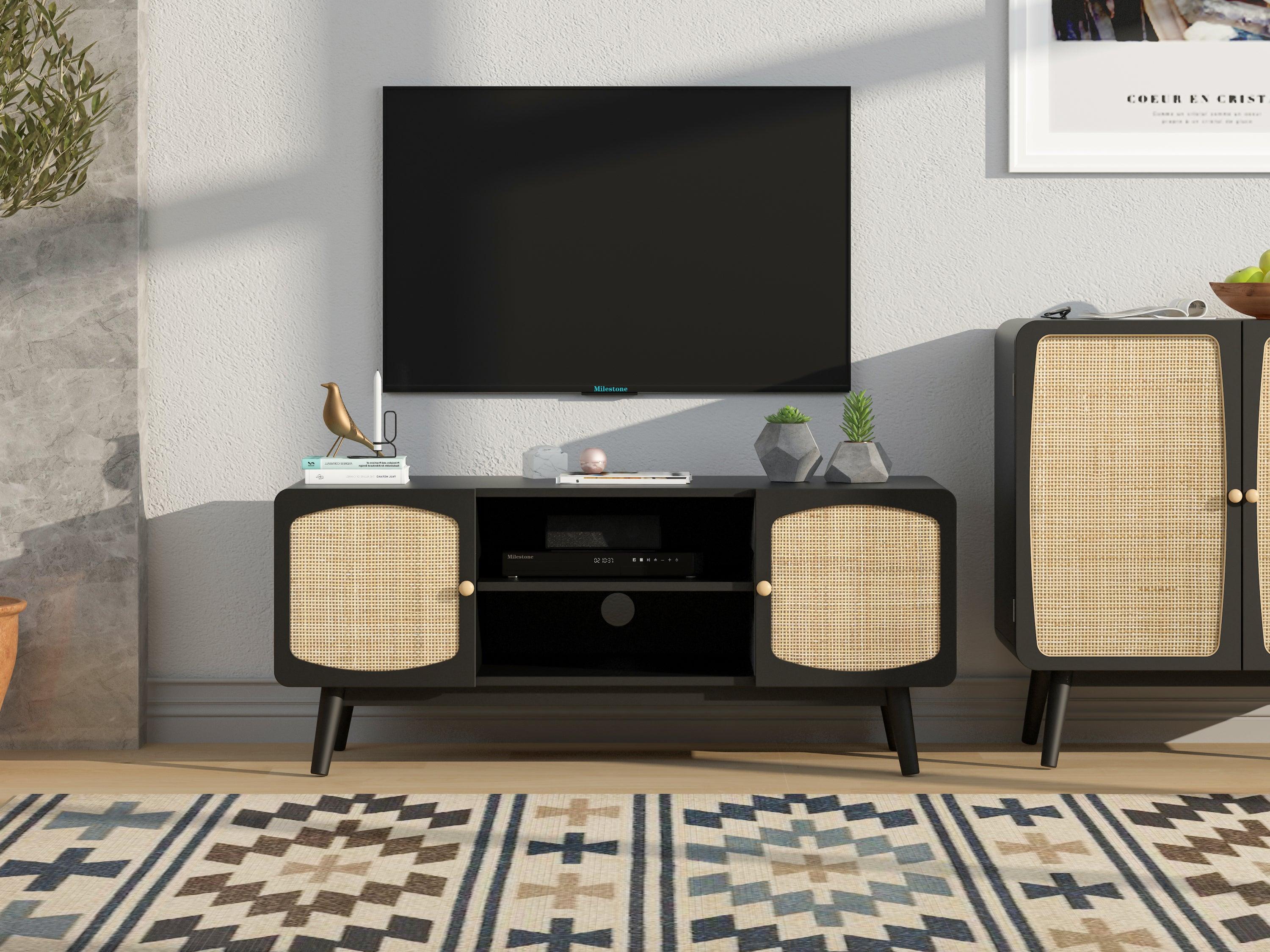 Black TV Console with Rattan Door, Boho TV Stand for Bedroom, Living Room