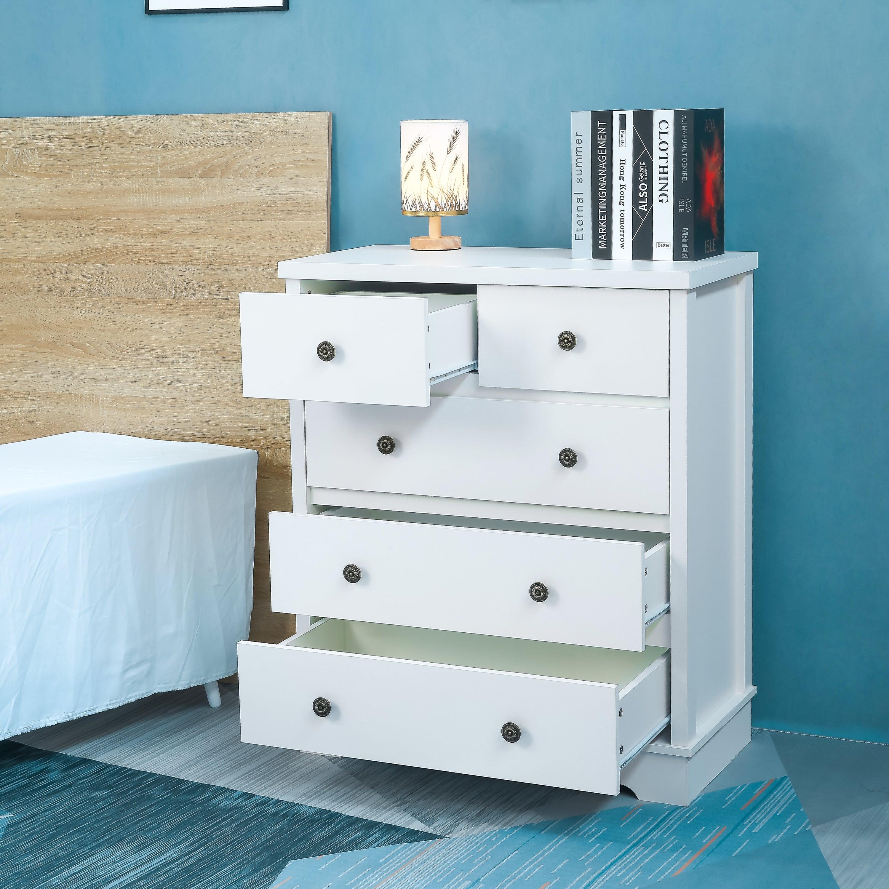 White color 5 drawers chest of drawer,Tallboy for bedroom, wooden cabinet