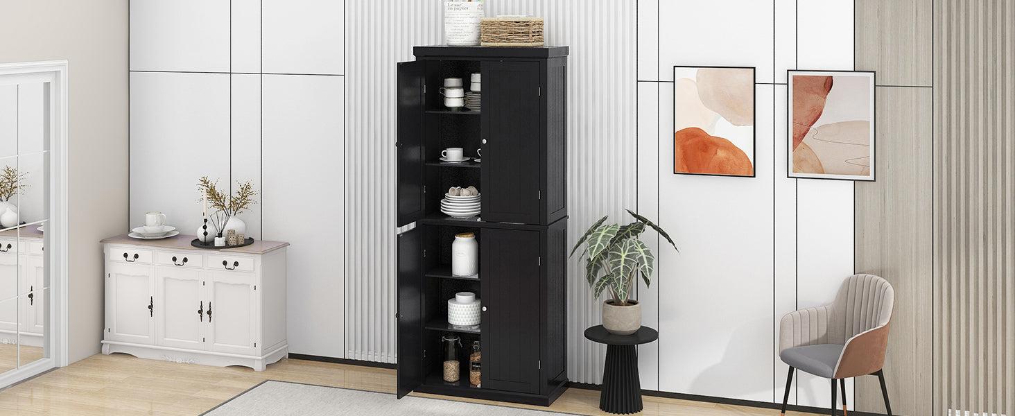 Freestanding Tall Kitchen Pantry, 72.4" Minimalist KitchenStorage Cabinet Organizer with 4 Doors and Adjustable Shelves, Black