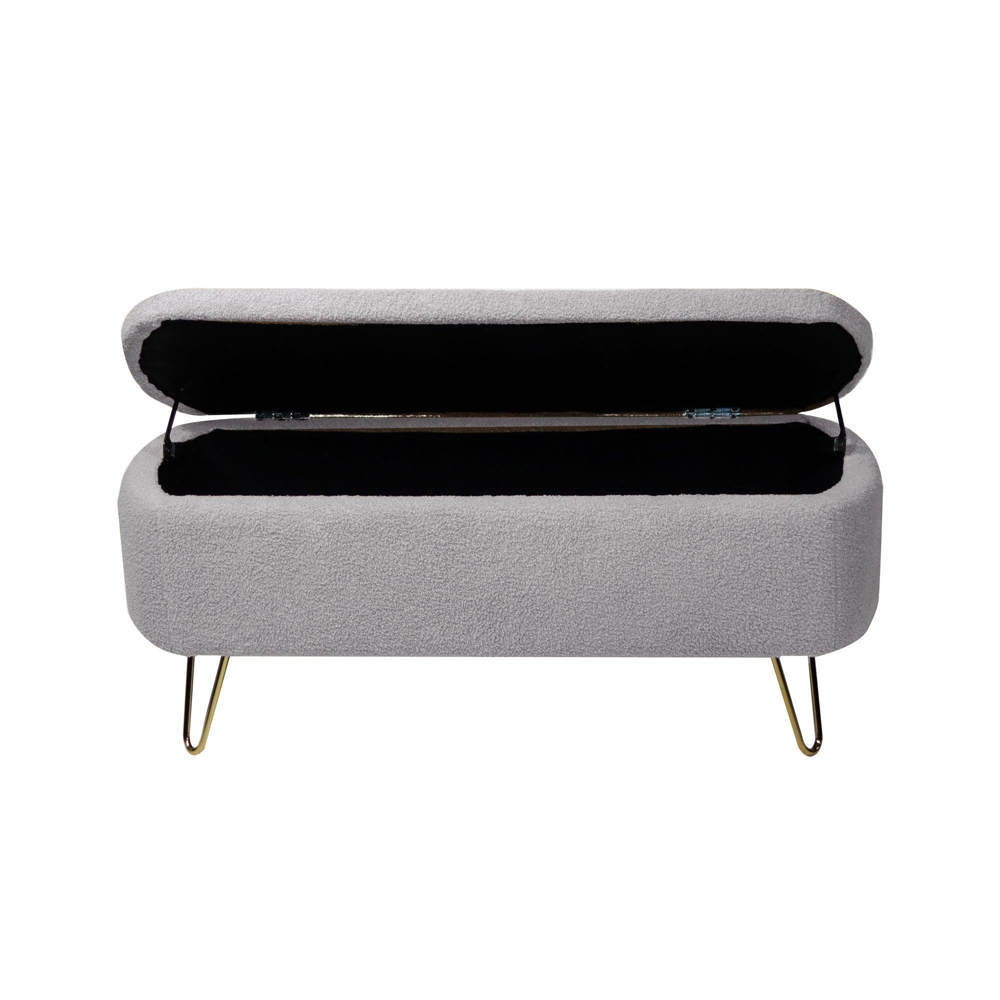 GreyStorage Ottoman Bench for End of Bed Gold Legs,Modern Grey Faux Fur Entryway Bench Upholstered Padded withStorage for Living Room Bedroom