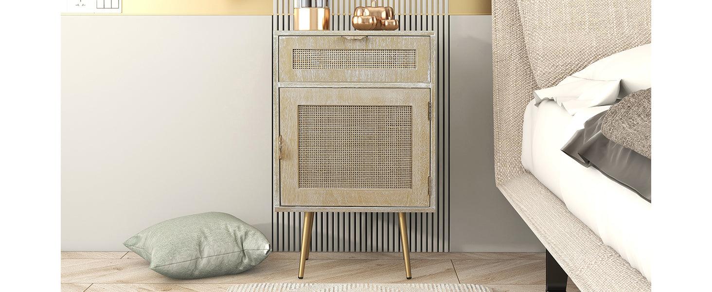 Wooden Nightstand with Rattan Panel,One Drawer ,One Cabinet and Metal Feet  Bedside Table (Natural)