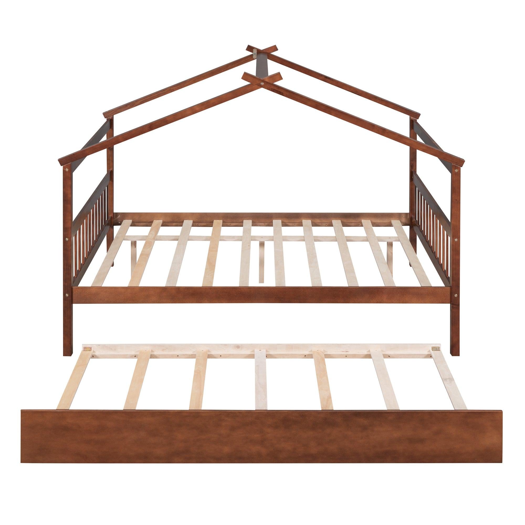 Full Size Wooden House Bed with Twin Size Trundle, Walnut