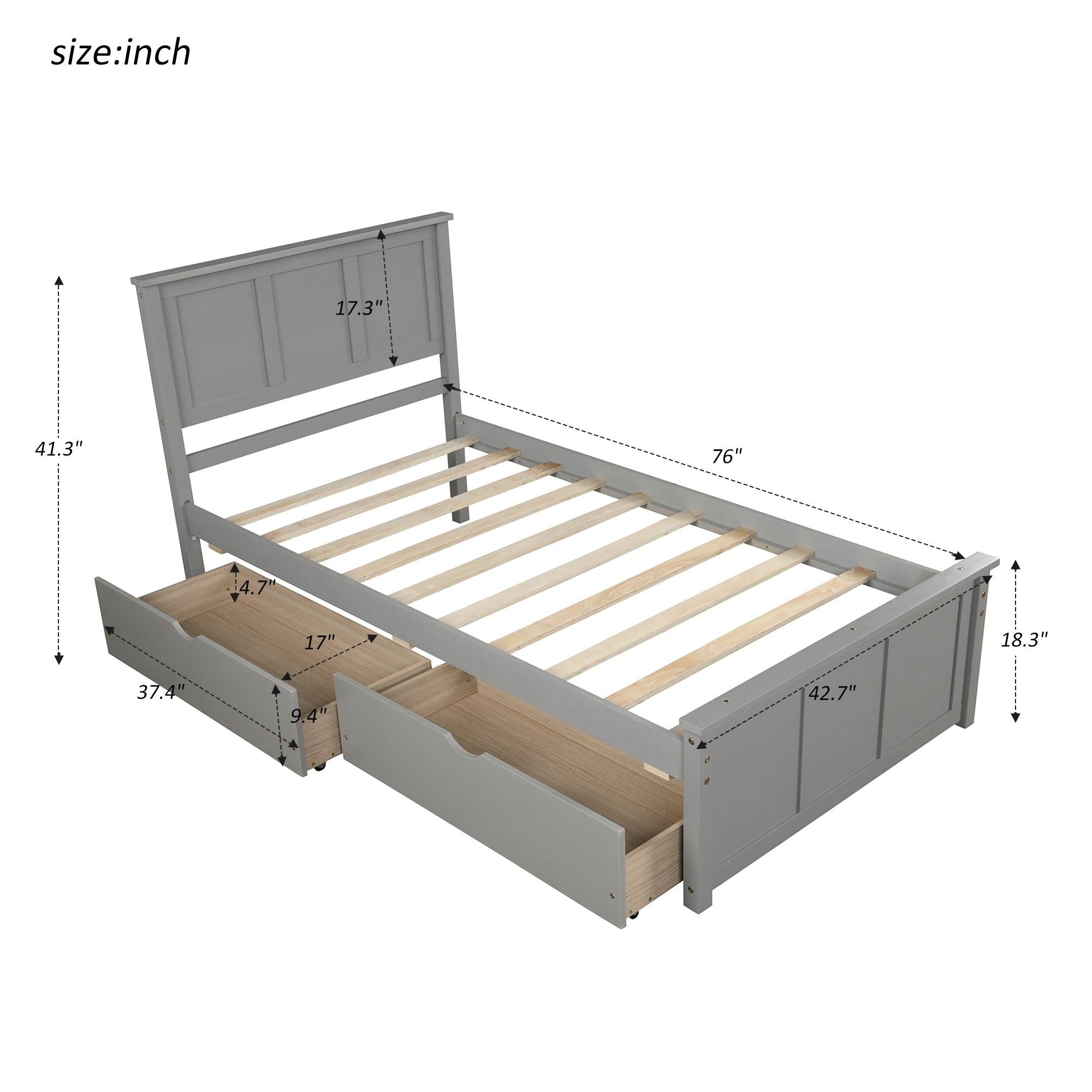 PlatformStorage Bed, 2 drawers with wheels, Twin Size Frame, Gray