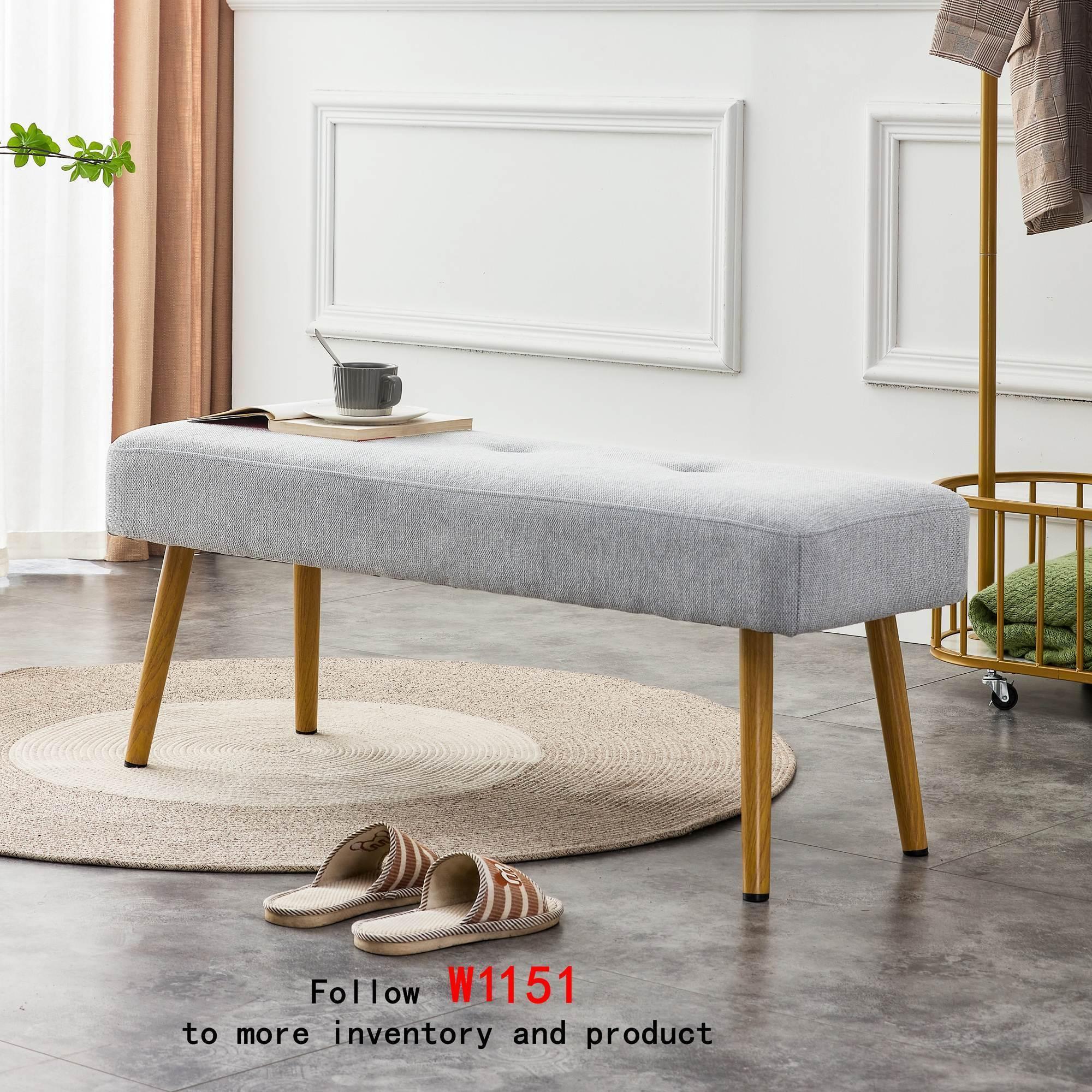 Linen Fabric Upholstered Bench With Gold Metal Legs .Shoe Changing Bench Sofa Bench Dining Chair .for to Bedroom Fitting Room, Store, Dining Room and Living Room. image