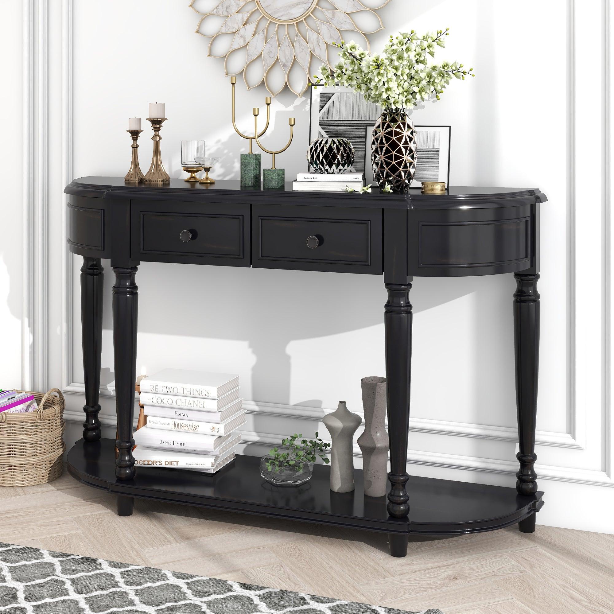 Retro Circular Curved Design Console Table with Open Style Shelf Solid Wooden Frame and Legs Two Top Drawers (Black)