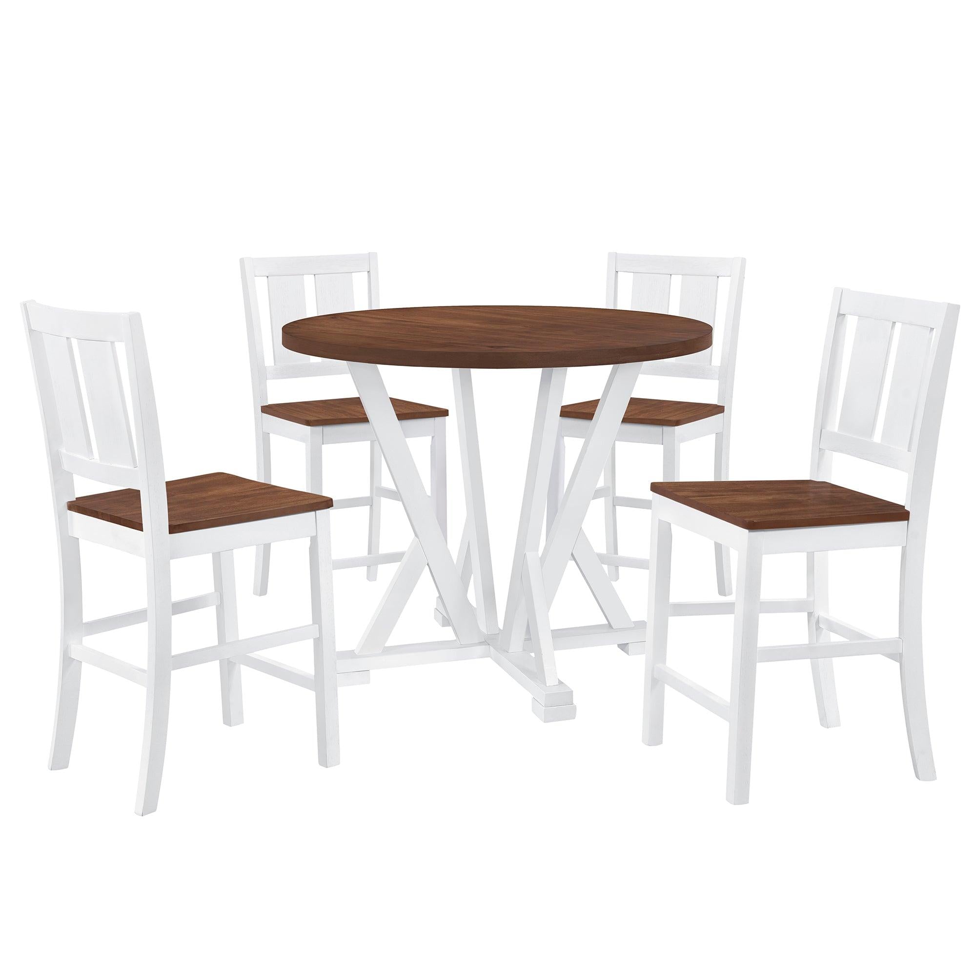 Rustic Farmhouse 5-Piece Counter Height Dining Table Set, Round Kitchen set with 4 Dining Chairs and Thick Tabletop, Brown