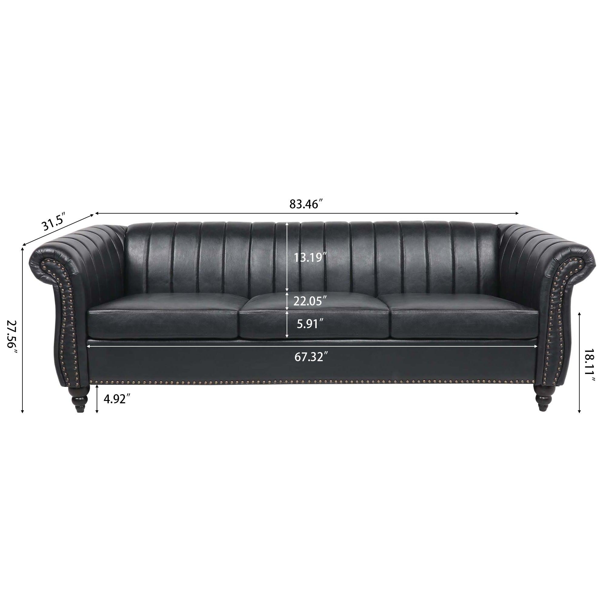 83.46'' Black PU Rolled Arm Chesterfield Three Seater Sofa.