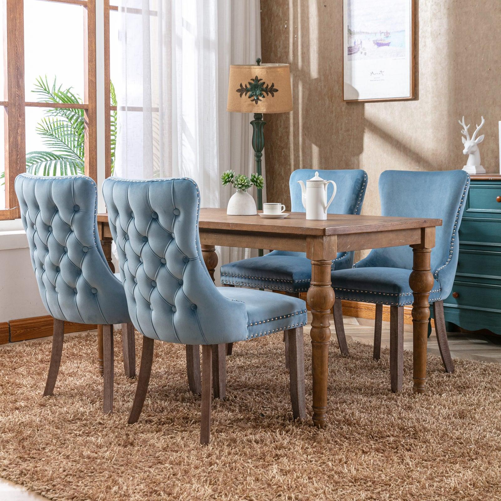 Cream Upholstered Wing-Back Dining Chair with Backstitching Nailhead Trim and Solid Wood Legs,Set of 2, Light Blue