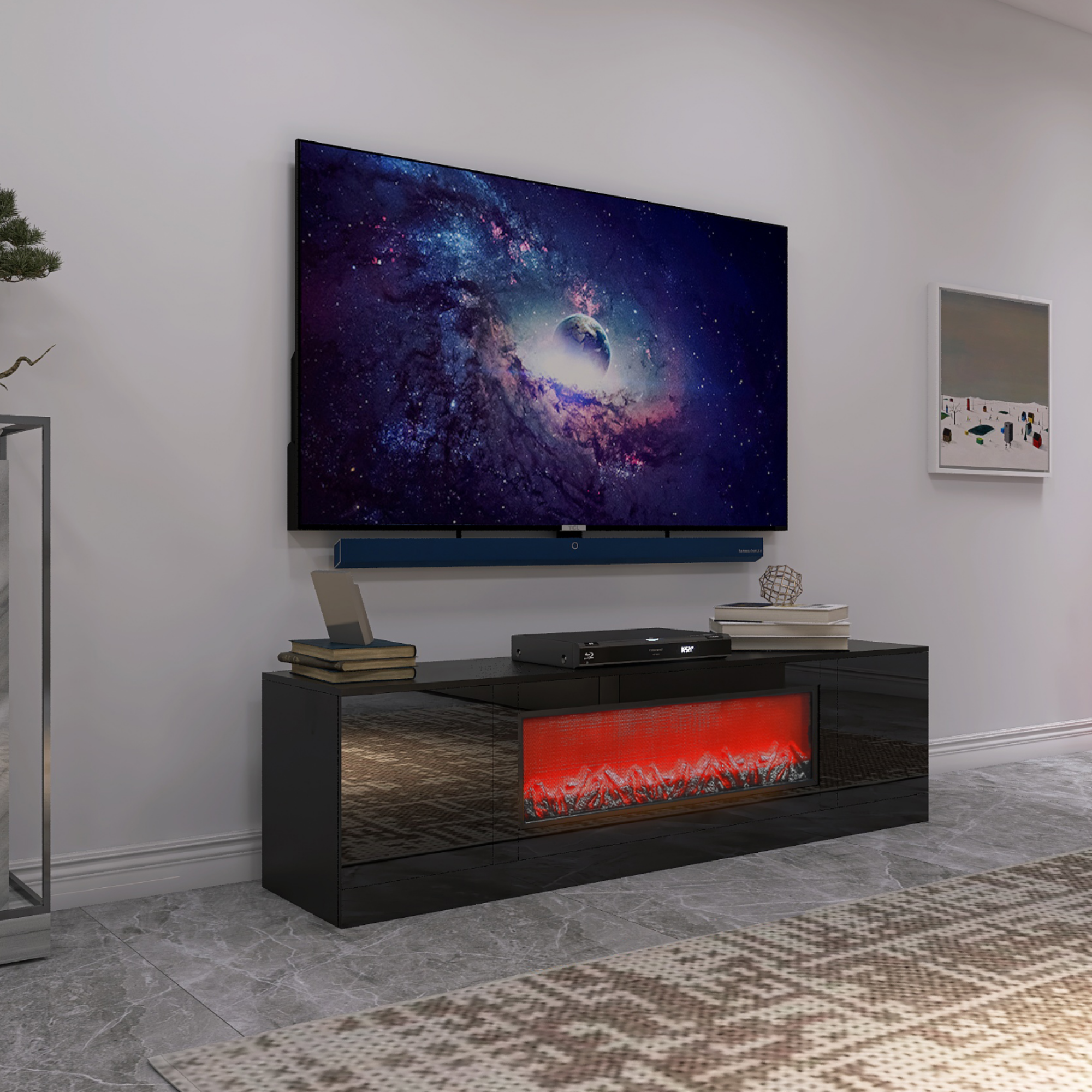 Living room furnitureModern black electric fireplace TV stand with insert fireplace,without remote and heating