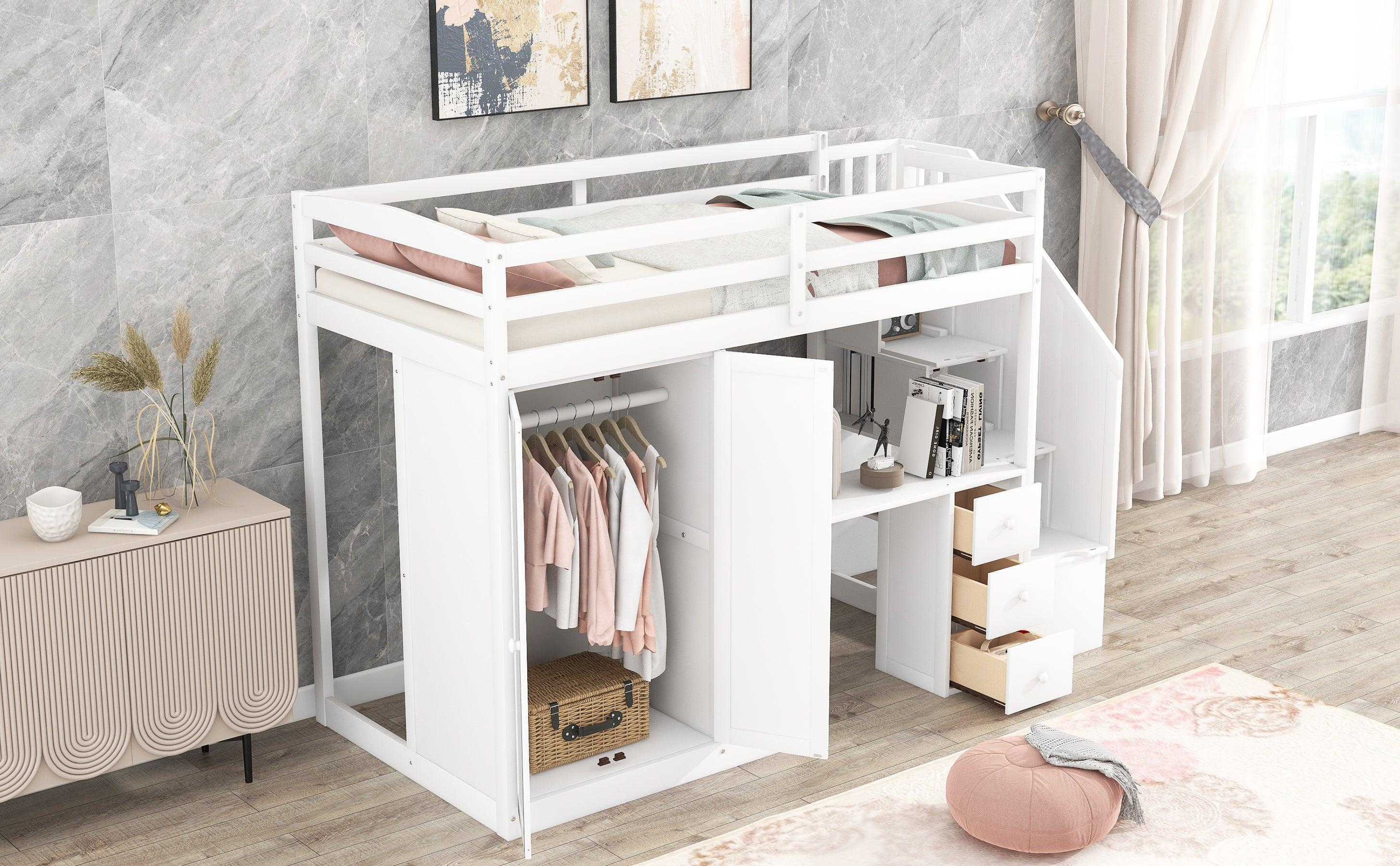 Twin Size Loft Bed with Wardrobe and Staircase, Desk andStorage Drawers and Cabinet in 1, White