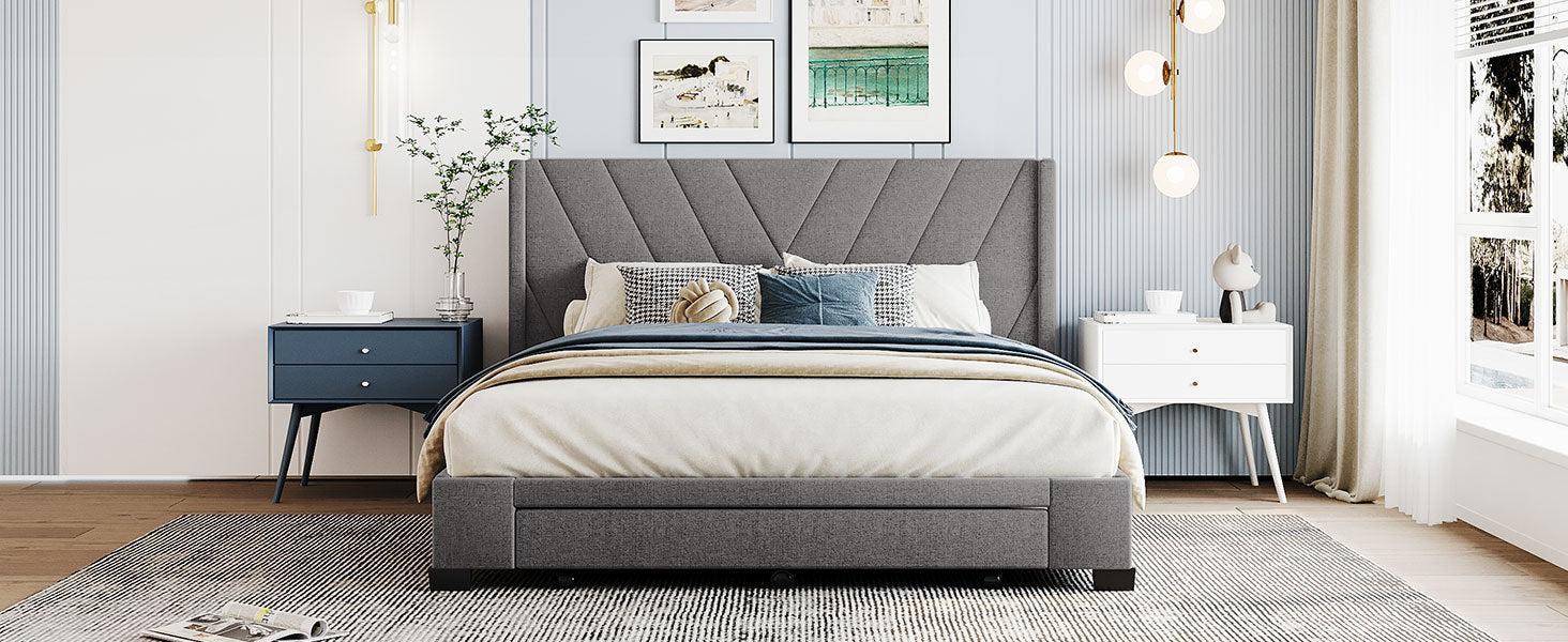 Queen SizeStorage Bed Linen Upholstered Platform Bed with 3 Drawers (Gray)