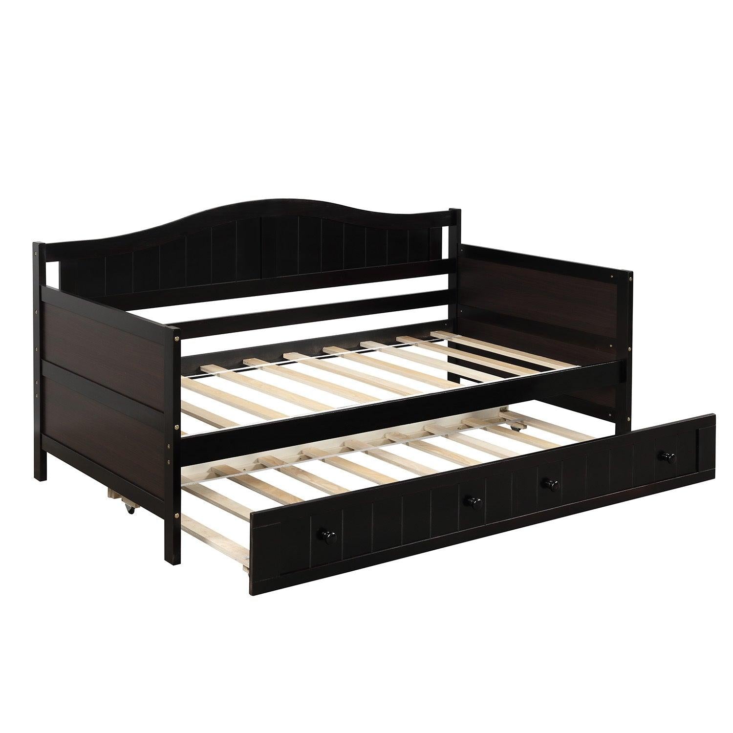 Twin Wooden Daybed with Trundle Bed, Sofa Bed for Bedroom Living Room, Espresso