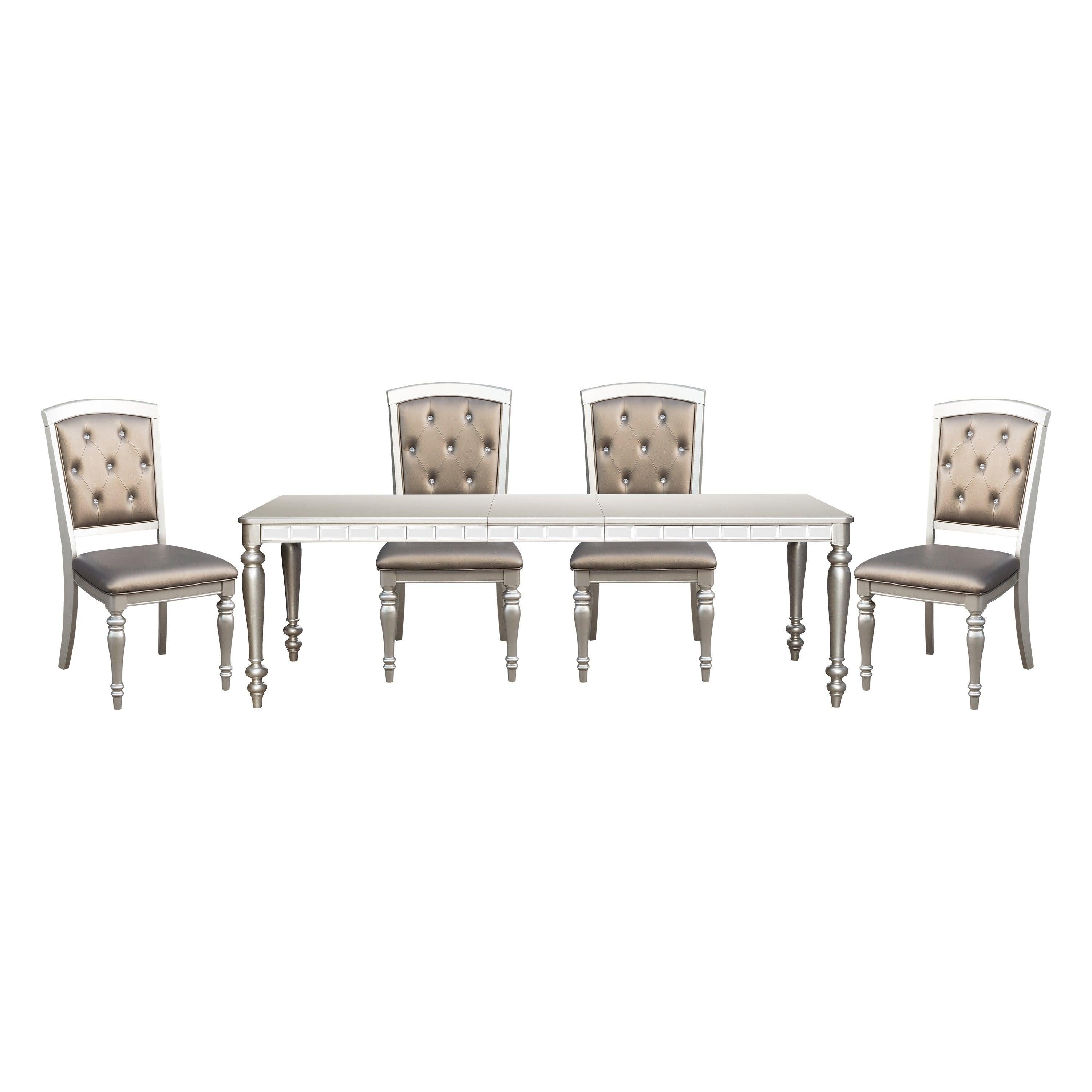 Glamorous Silver Finish Dining Set 5pc Dining Table 4x Side Chairs Crystal Button Tufted UpholsteredModern Style Furniture