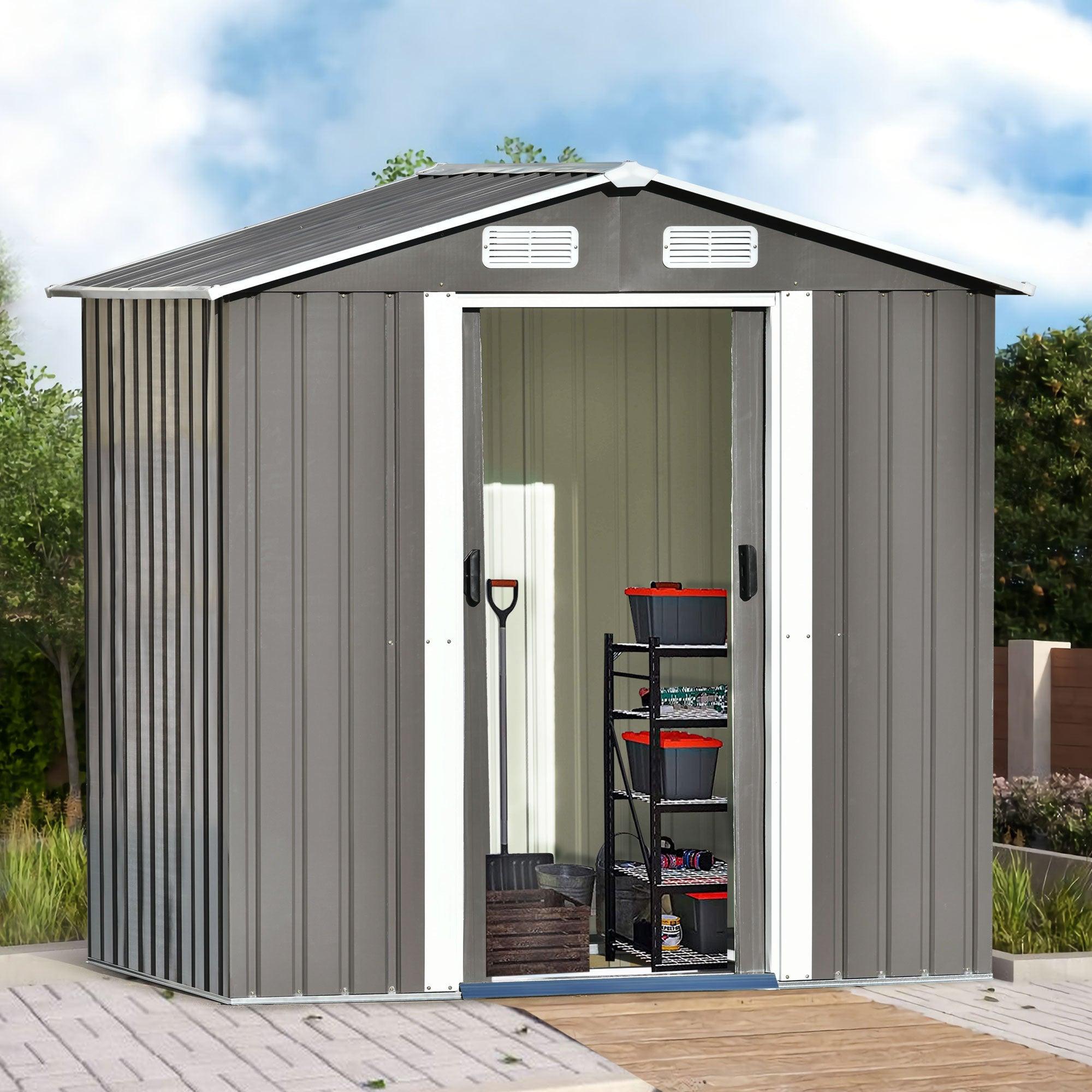 Patio 6ft x4ft Bike Shed Garden Shed, MetalStorage Shed with Lockable Door, Tool Cabinet with Vents and Foundation for Backyard, Lawn, Garden, Gray