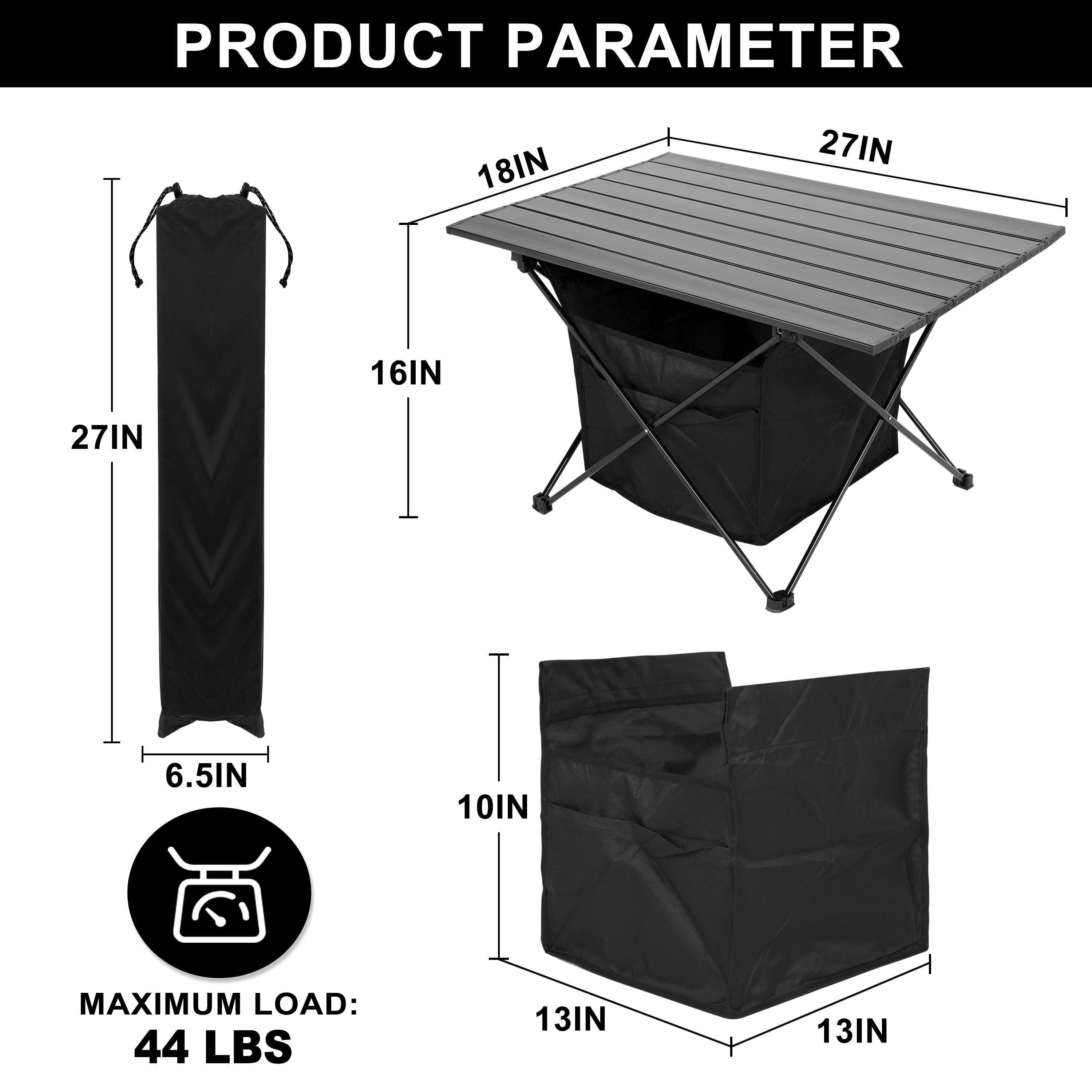 Portable Folding Aluminum Alloy Table with High-CapacityStorage and Carry Bag for Camping, Traveling, Hiking, Fishing, Beach, BBQ, Large, Black