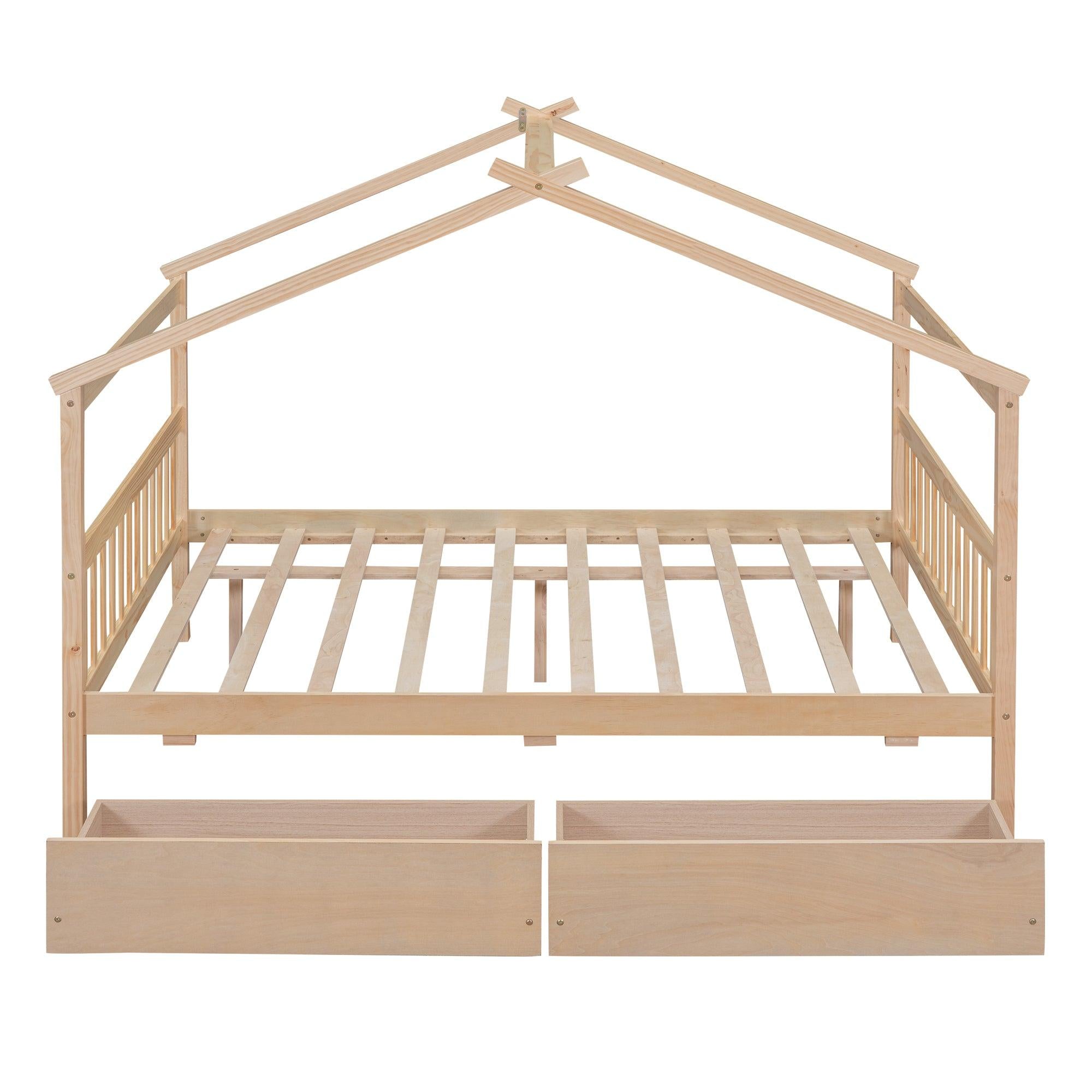 Full Size Wooden House Bed with Drawers, Natural