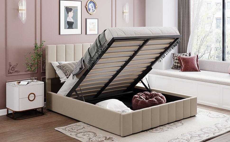 Queen size Upholstered Platform bed with a HydraulicStorage System - Beige